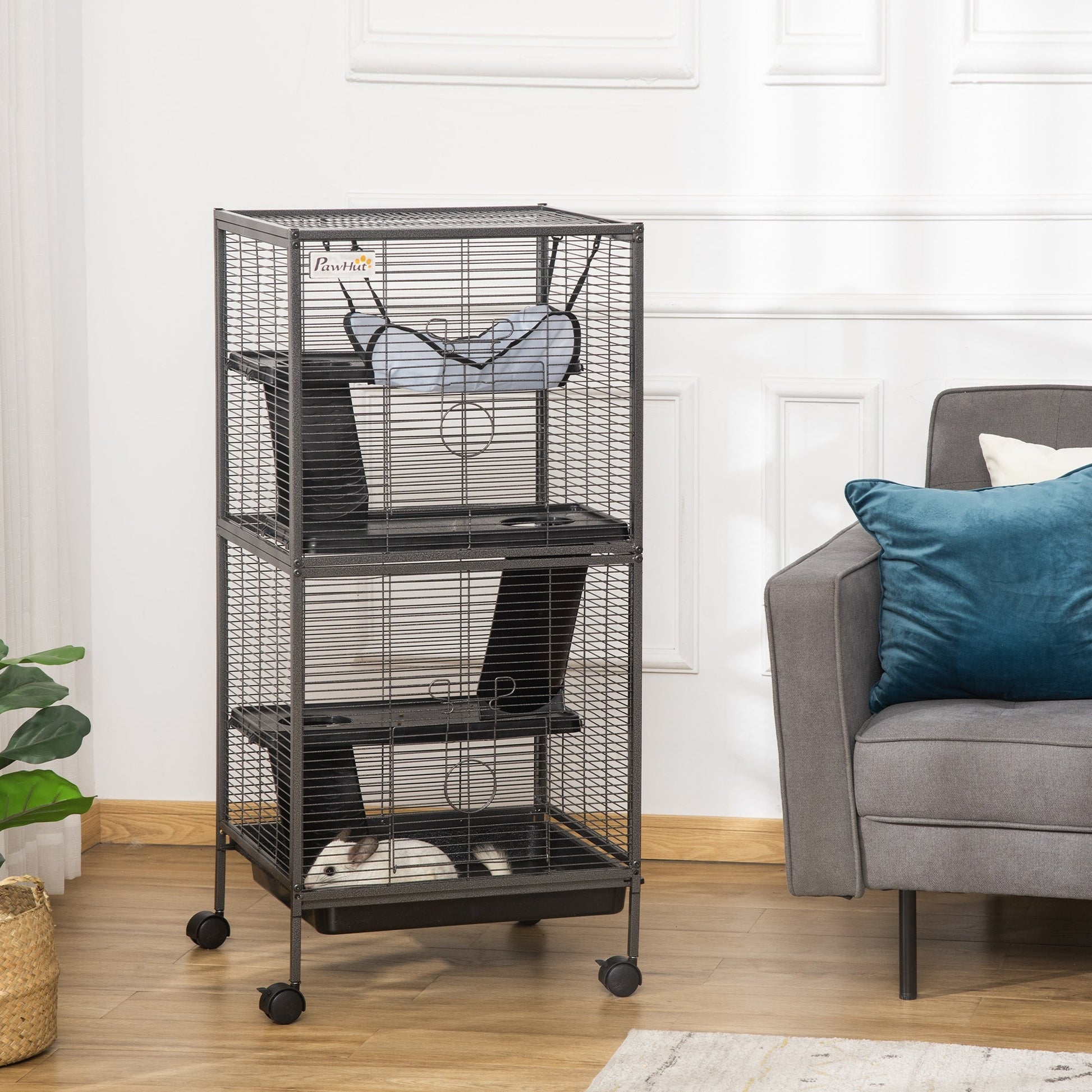 Small Animal Cage with Wheels Pet Home for Chinchillas Ferrets Kittens, with Hammock, 4 Platforms, Removable Tray, Silver