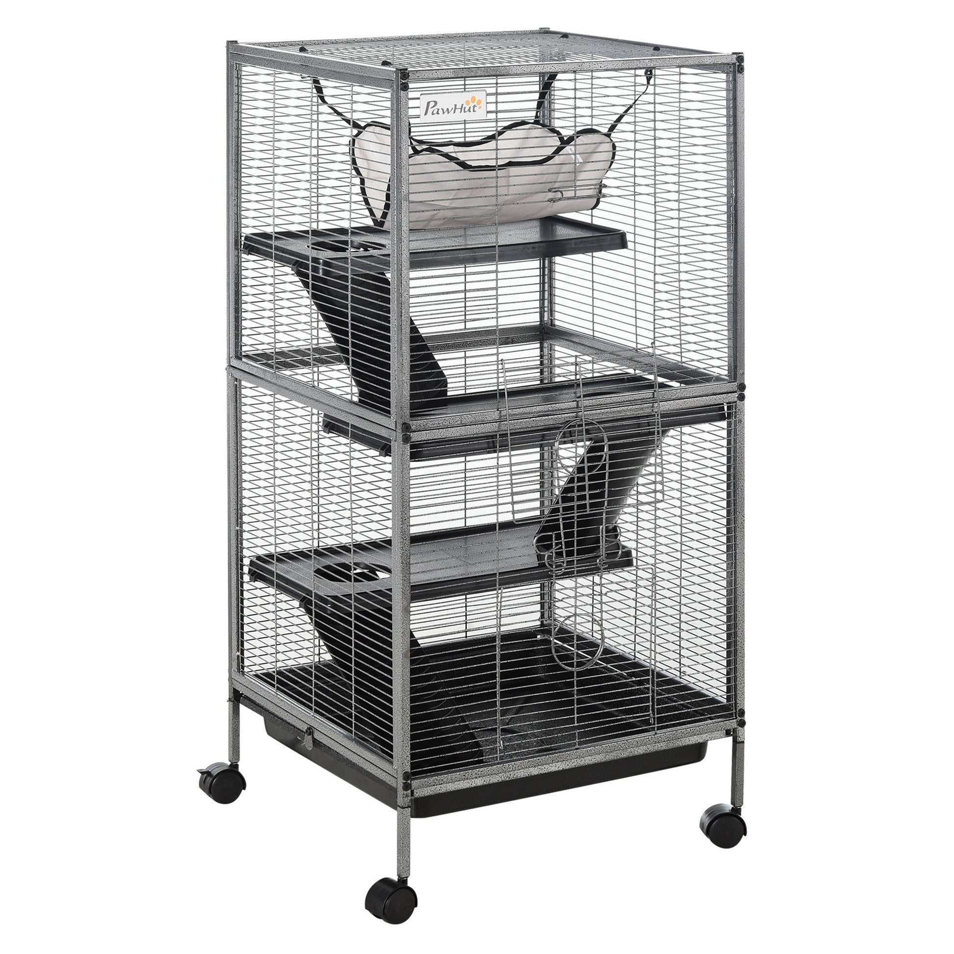 Small Animal Cage with Wheels Pet Home for Chinchillas Ferrets Kittens, with Hammock, 4 Platforms, Removable Tray, Silver