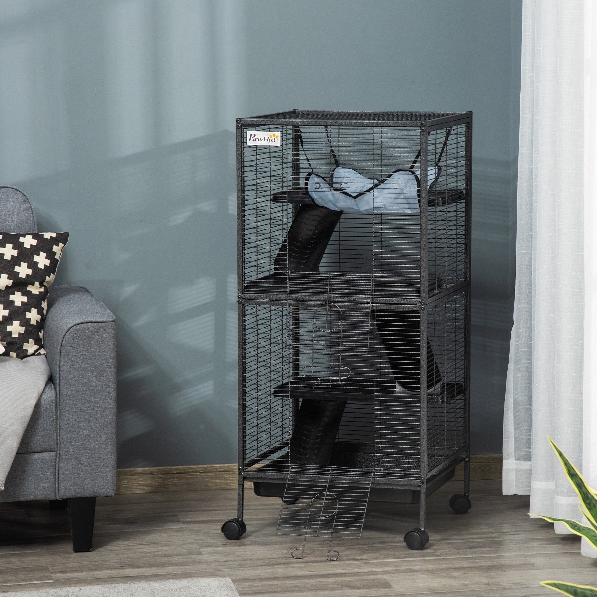 Small Animal Cage with Wheels Pet Home for Chinchillas Ferrets Kittens, with Hammock, 4 Platforms, Removable Tray, Silver