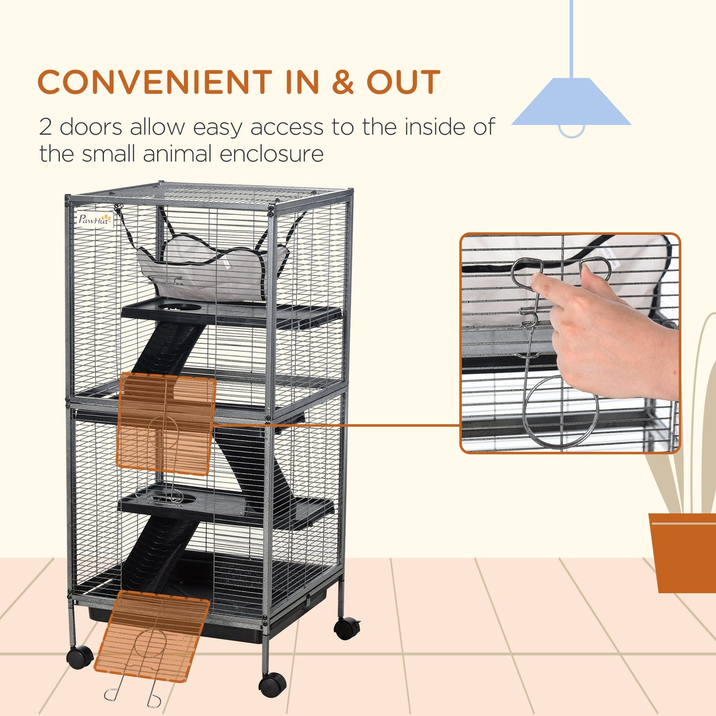Small Animal Cage with Wheels Pet Home for Chinchillas Ferrets Kittens, with Hammock, 4 Platforms, Removable Tray, Silver