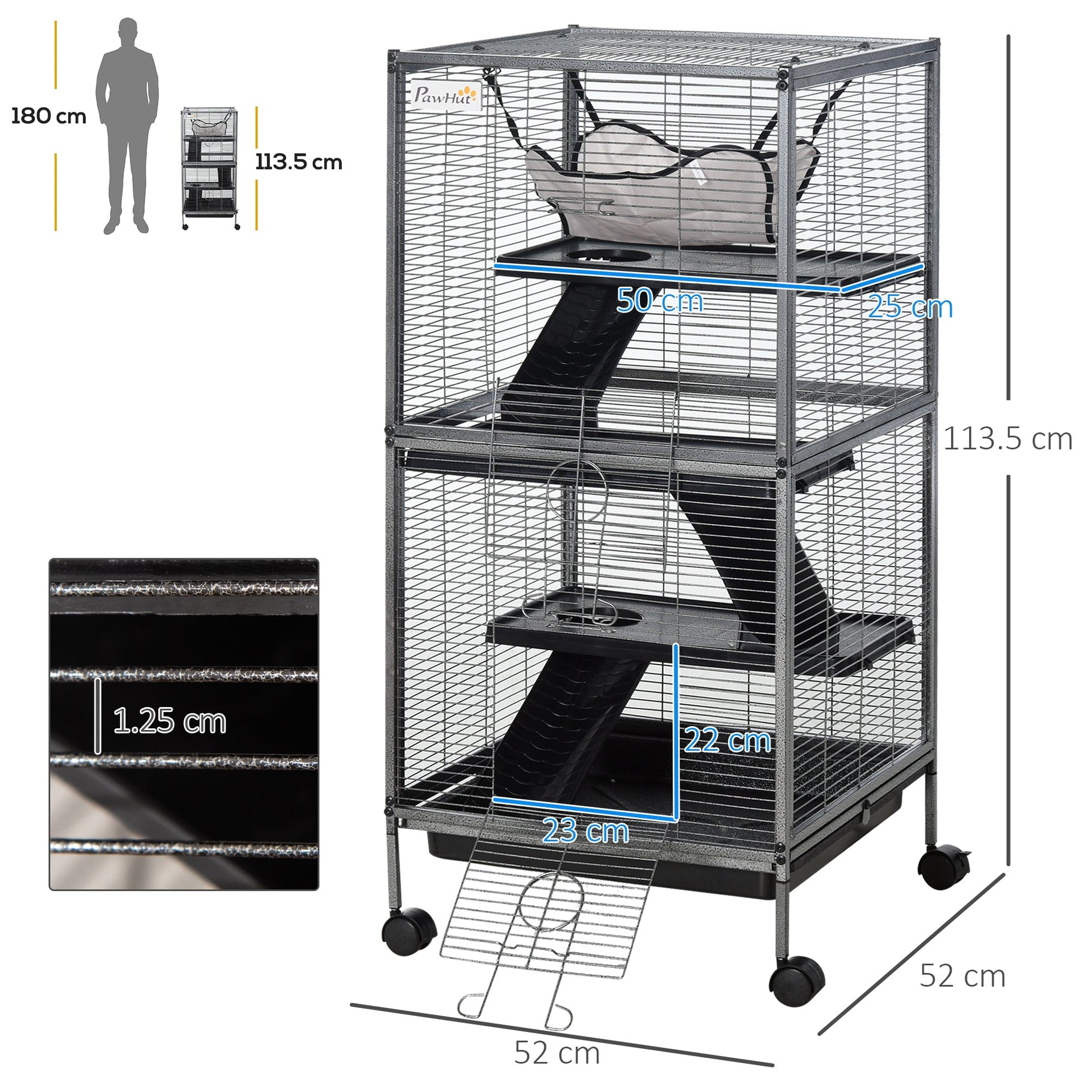 Small Animal Cage with Wheels Pet Home for Chinchillas Ferrets Kittens, with Hammock, 4 Platforms, Removable Tray, Silver
