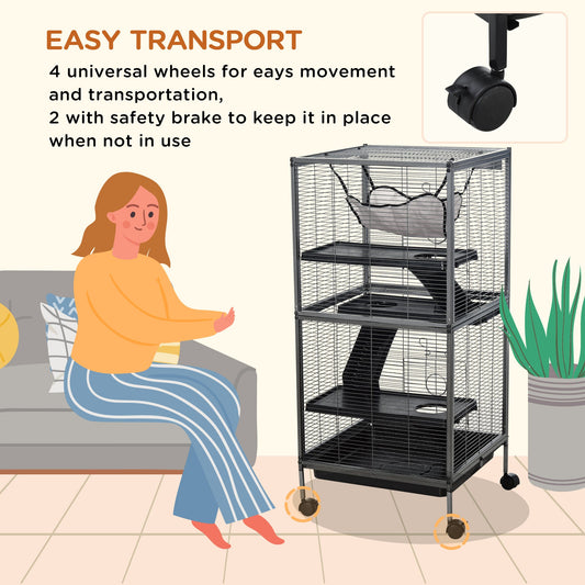 Small Animal Cage with Wheels Pet Home for Chinchillas Ferrets Kittens, with Hammock, 4 Platforms, Removable Tray, Silver