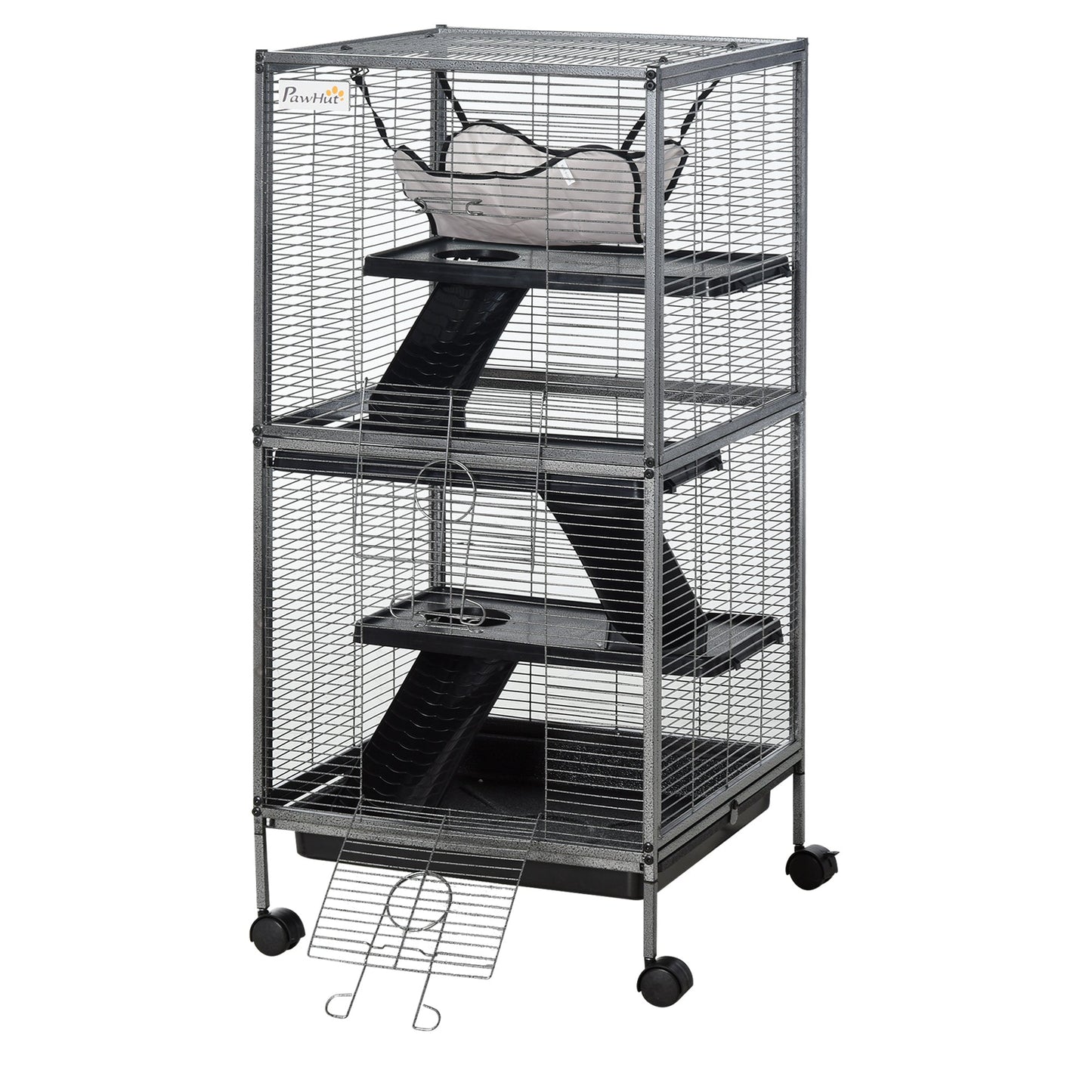 Small Animal Cage with Wheels Pet Home for Chinchillas Ferrets Kittens, with Hammock, 4 Platforms, Removable Tray, Silver
