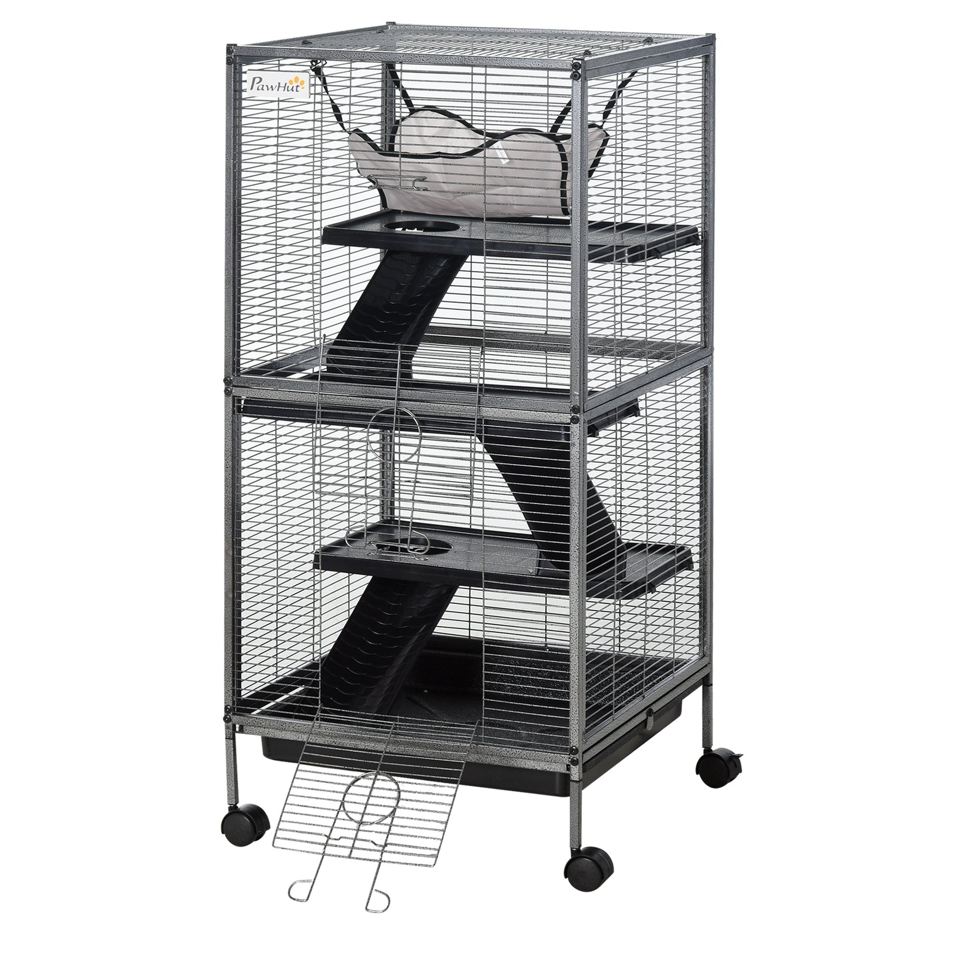 Small Animal Cage with Wheels Pet Home for Chinchillas Ferrets Kittens, with Hammock, 4 Platforms, Removable Tray, Silver