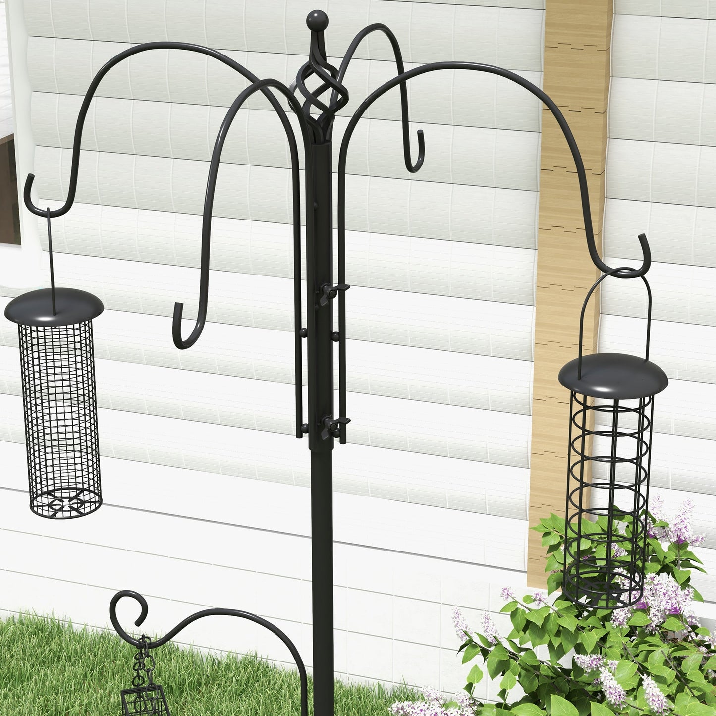 Bird Feeding Station Kit, Wild Bird Feeder Pole with 6 Hooks, 4 Hanging Feeders for Peanuts, Seed, Fat Balls, for Garden, Outdoor, Black