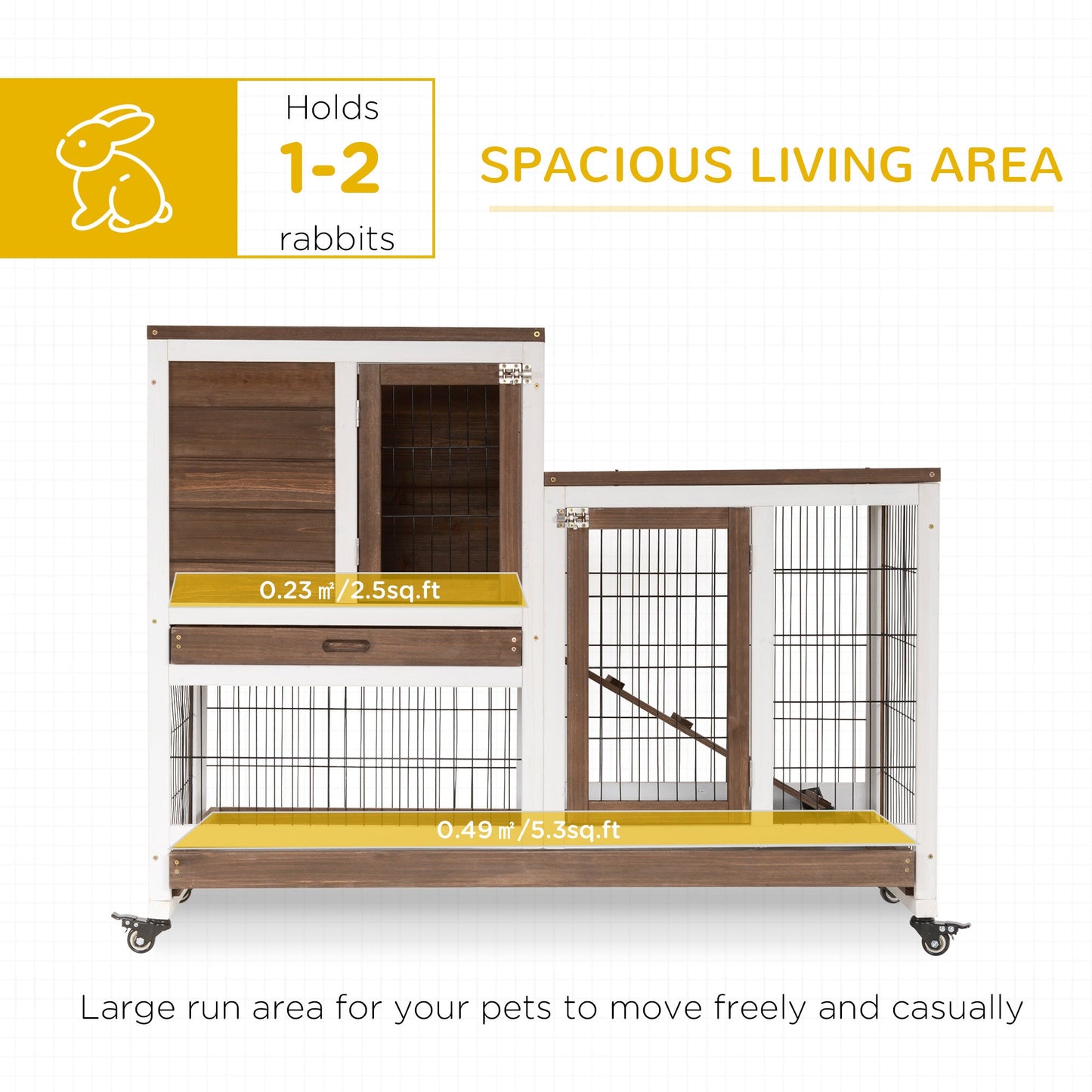 Wooden Indoor Rabbit Hutch Guinea Pig House Bunny Small Animal Cage W/ Wheels Enclosed Run 110 x 50 x 88 cm, Brown