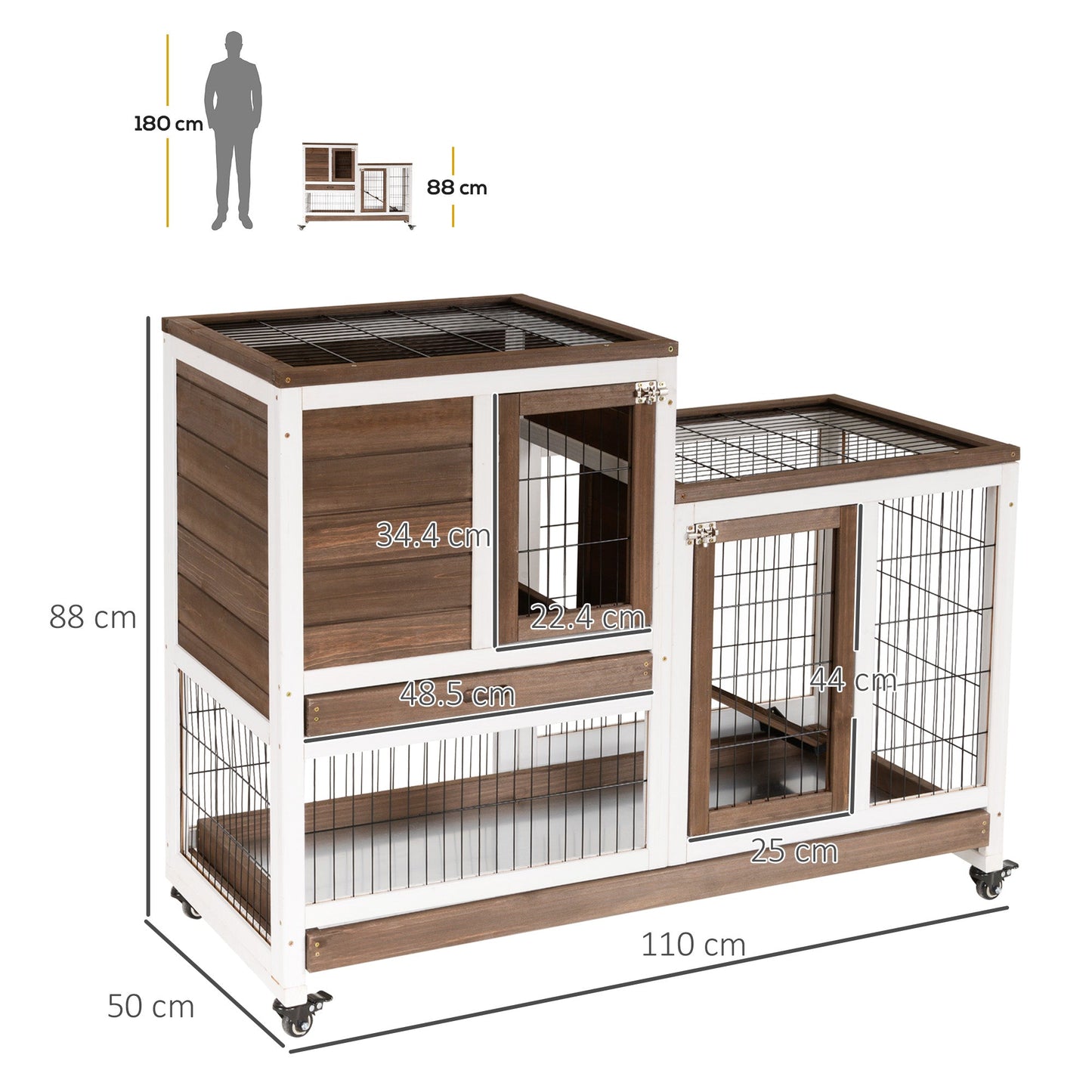Wooden Indoor Rabbit Hutch Guinea Pig House Bunny Small Animal Cage W/ Wheels Enclosed Run 110 x 50 x 88 cm, Brown