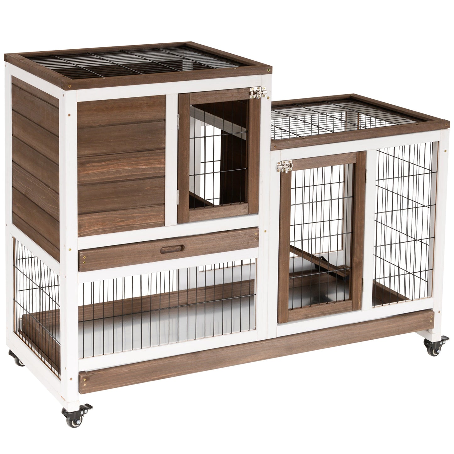 Wooden Indoor Rabbit Hutch Guinea Pig House Bunny Small Animal Cage W/ Wheels Enclosed Run 110 x 50 x 88 cm, Brown