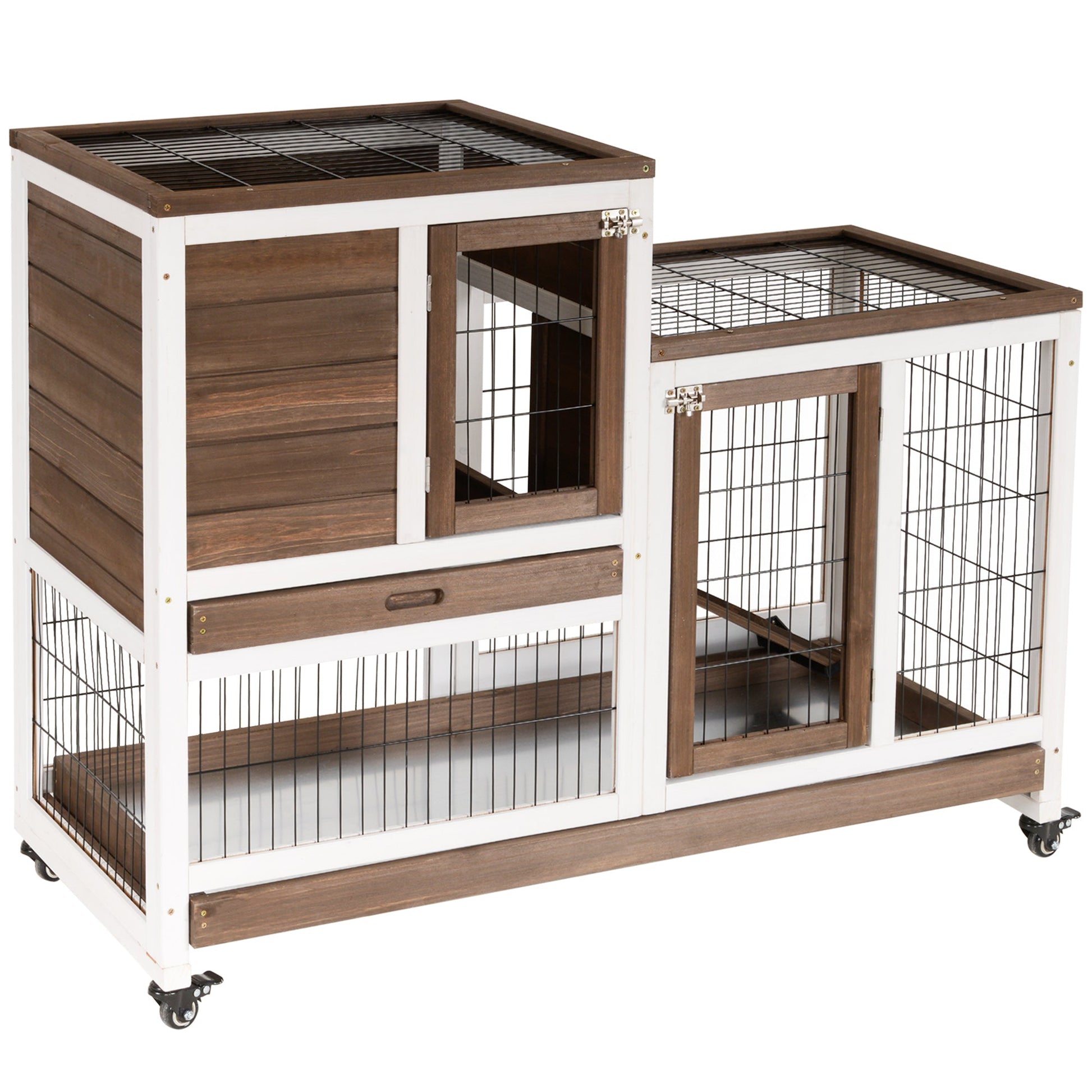 Wooden Indoor Rabbit Hutch Guinea Pig House Bunny Small Animal Cage W/ Wheels Enclosed Run 110 x 50 x 88 cm, Brown