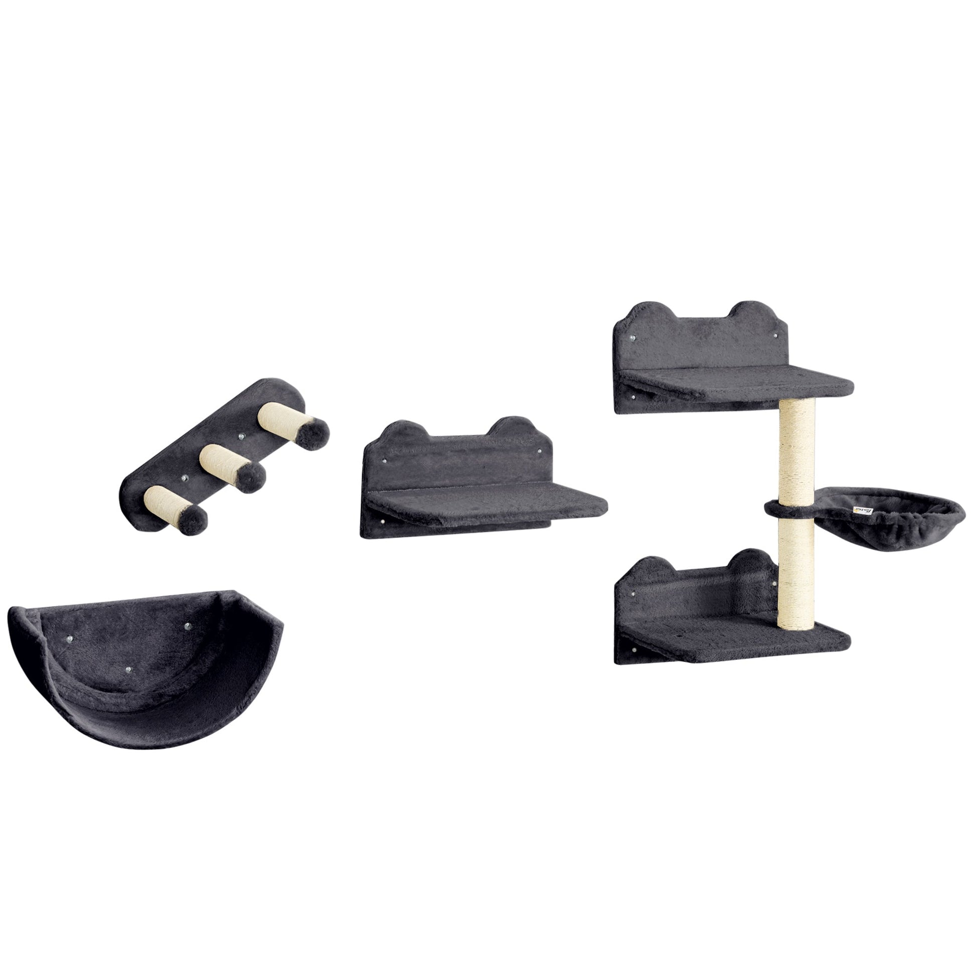 4PCs Wall Mounted Cat Tree Cat Wall Shelves Furniture Climbing Shelf Set Kitten Activity Centre w/ Hammock, Scratching Post - Dark Grey