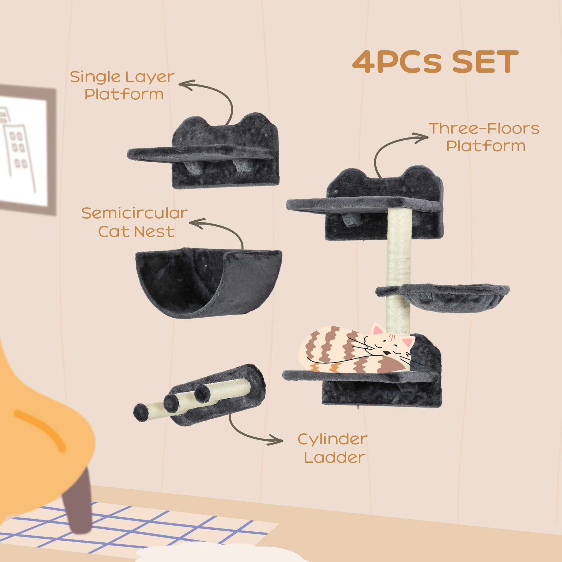 4PCs Wall Mounted Cat Tree Cat Wall Shelves Furniture Climbing Shelf Set Kitten Activity Centre w/ Hammock, Scratching Post - Dark Grey