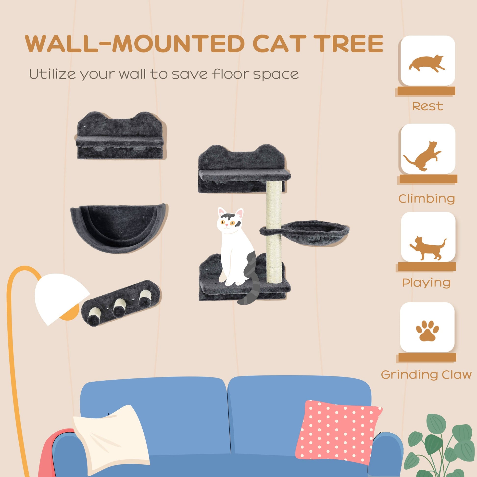 4PCs Wall Mounted Cat Tree Cat Wall Shelves Furniture Climbing Shelf Set Kitten Activity Centre w/ Hammock, Scratching Post - Dark Grey