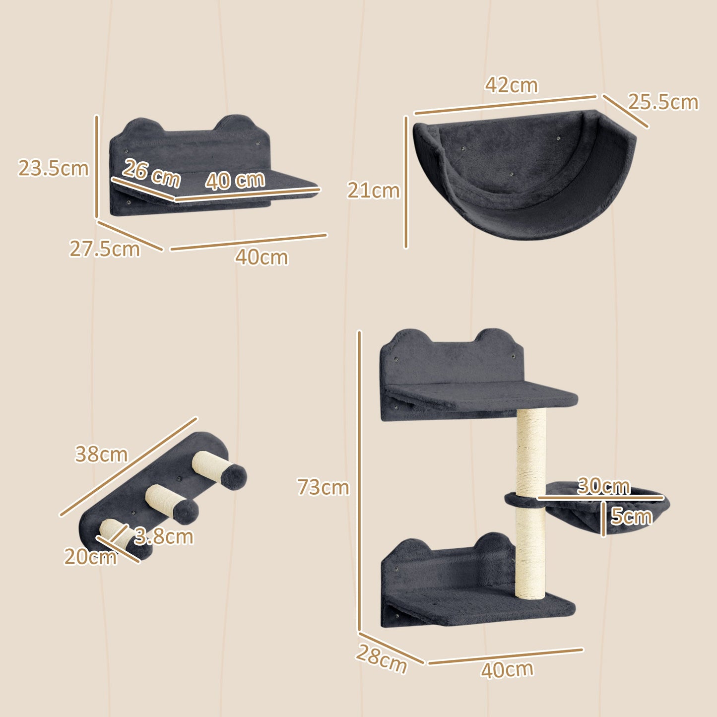 4PCs Wall Mounted Cat Tree Cat Wall Shelves Furniture Climbing Shelf Set Kitten Activity Centre w/ Hammock, Scratching Post - Dark Grey