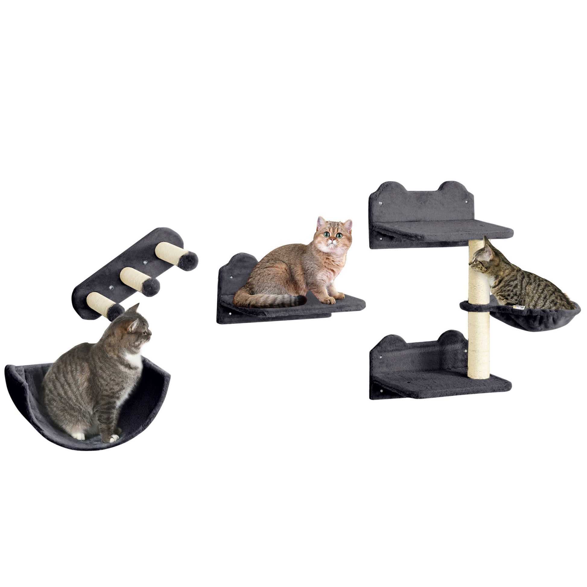 4PCs Wall Mounted Cat Tree Cat Wall Shelves Furniture Climbing Shelf Set Kitten Activity Centre w/ Hammock, Scratching Post - Dark Grey