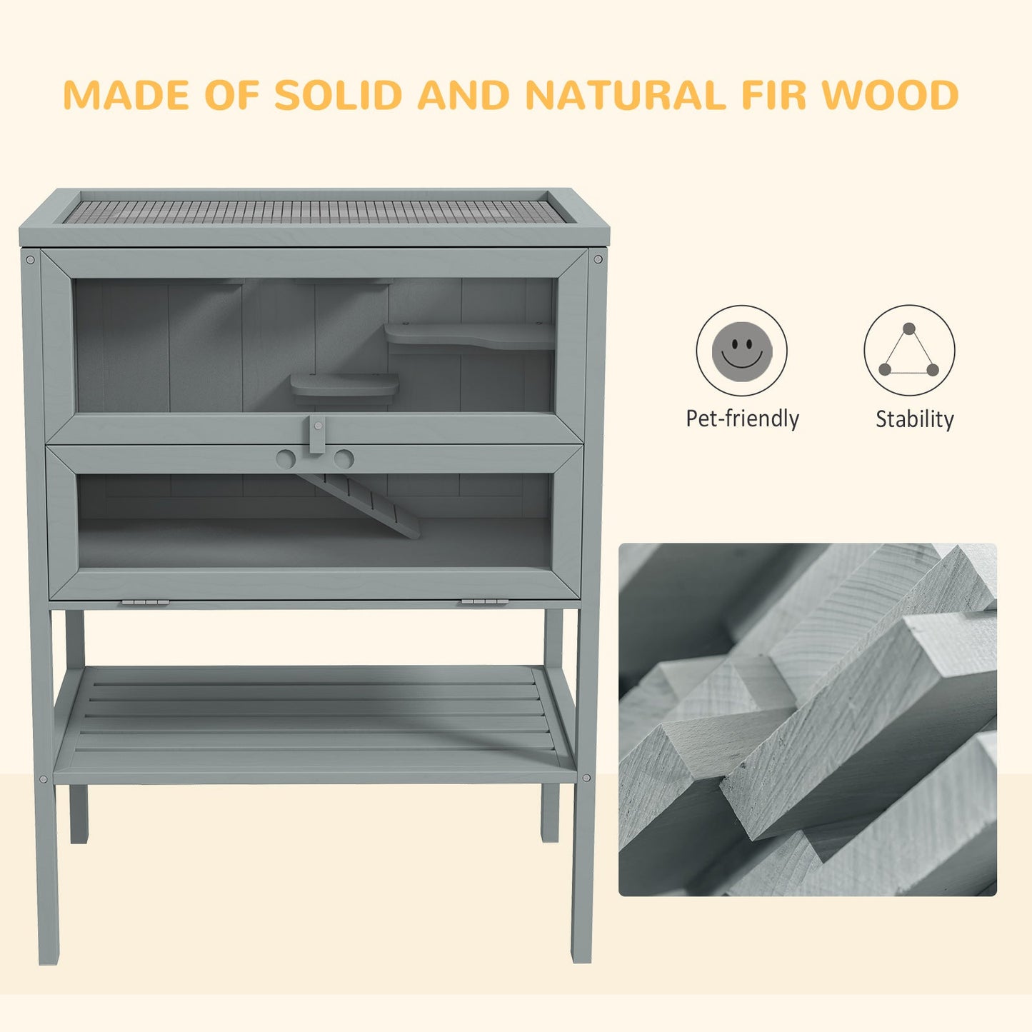 Wooden Hamster Cage with Storage Shelf, Small Animal Exercise Play House with Openable Top, for Hamsters, Gerbils, 60 x 40 x 80 cm - Grey