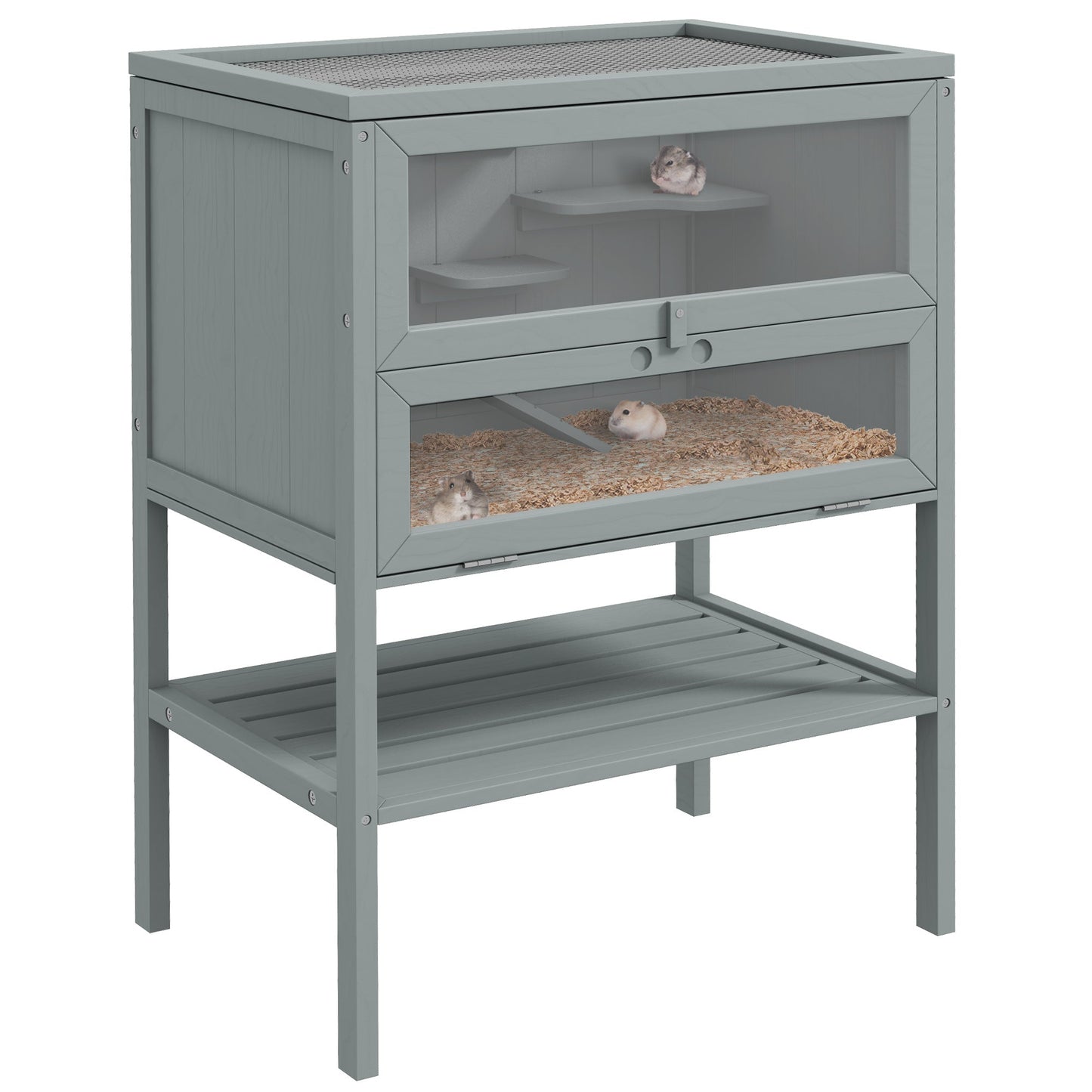 Wooden Hamster Cage with Storage Shelf, Small Animal Exercise Play House with Openable Top, for Hamsters, Gerbils, 60 x 40 x 80 cm - Grey