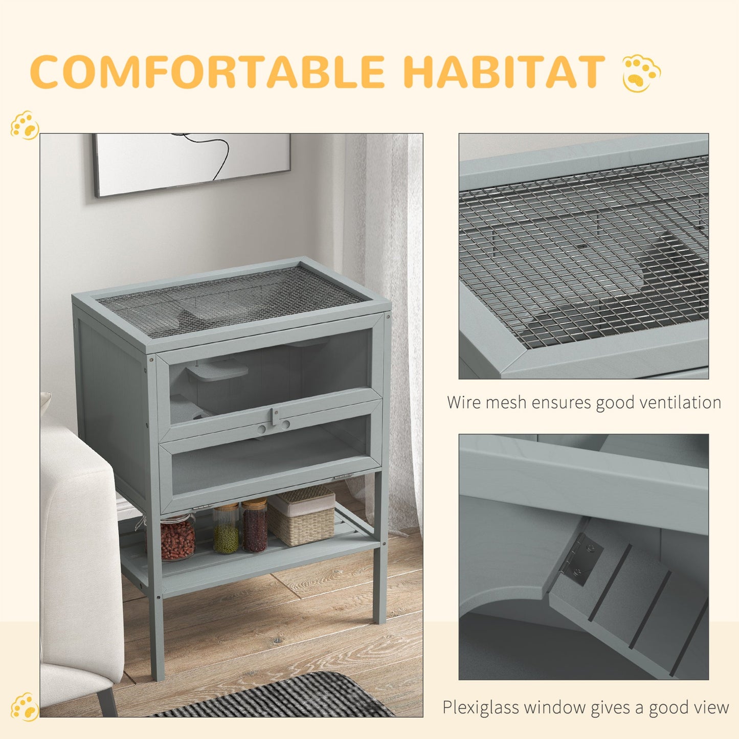 Wooden Hamster Cage with Storage Shelf, Small Animal Exercise Play House with Openable Top, for Hamsters, Gerbils, 60 x 40 x 80 cm - Grey