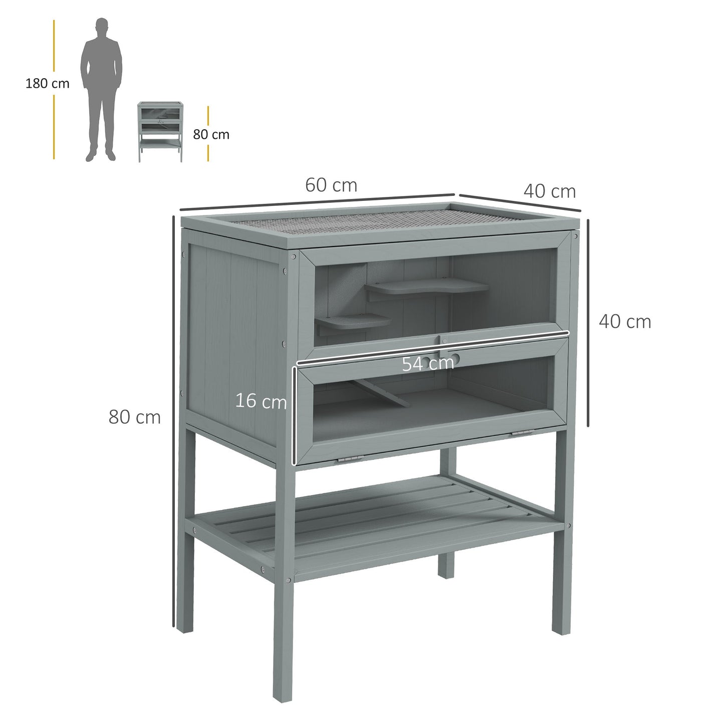 Wooden Hamster Cage with Storage Shelf, Small Animal Exercise Play House with Openable Top, for Hamsters, Gerbils, 60 x 40 x 80 cm - Grey