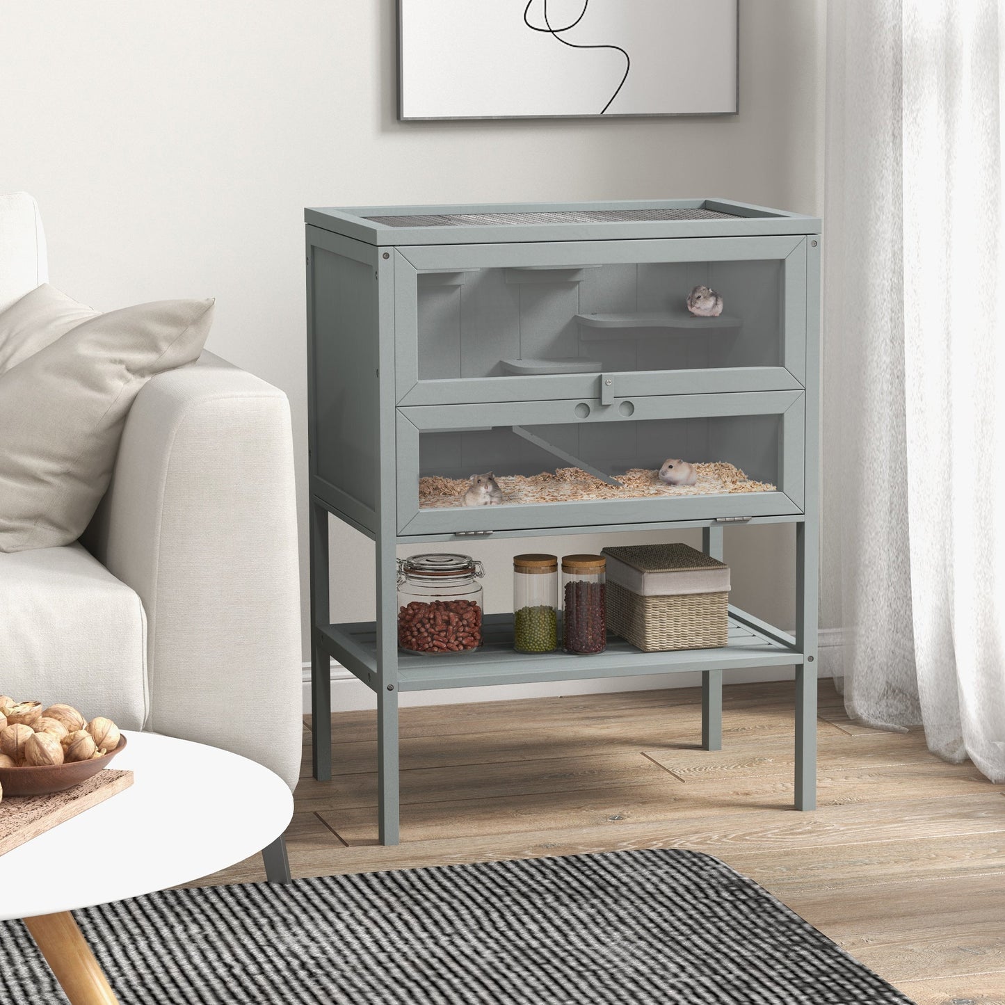 Wooden Hamster Cage with Storage Shelf, Small Animal Exercise Play House with Openable Top, for Hamsters, Gerbils, 60 x 40 x 80 cm - Grey