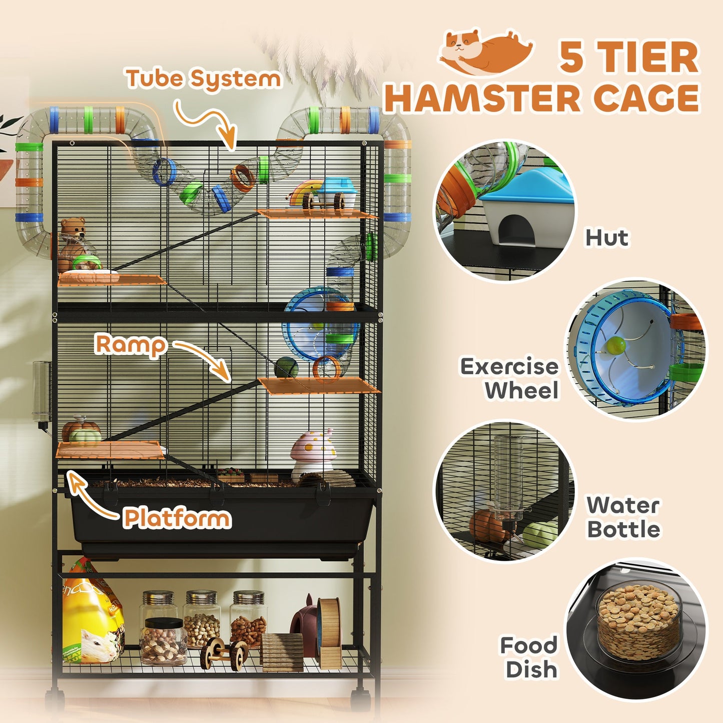 Hamster Cage, 5 Tier Large Gerbil Cage on Wheels with 17 cm Deep Tray, Storage Shelf, Big Exercise Wheel, Tube System, Hut, Platforms, Ramps, Food Dish, Water Bottle, for Syrian Hamsters, Rats