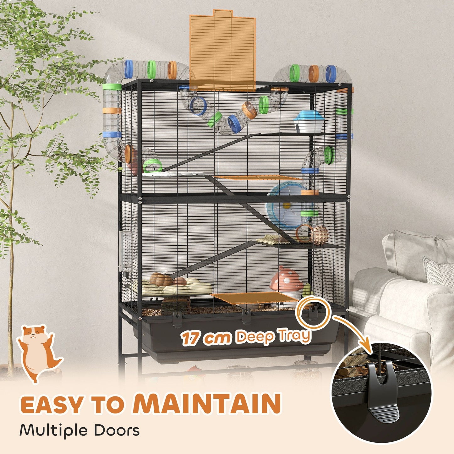 Hamster Cage, 5 Tier Large Gerbil Cage on Wheels with 17 cm Deep Tray, Storage Shelf, Big Exercise Wheel, Tube System, Hut, Platforms, Ramps, Food Dish, Water Bottle, for Syrian Hamsters, Rats