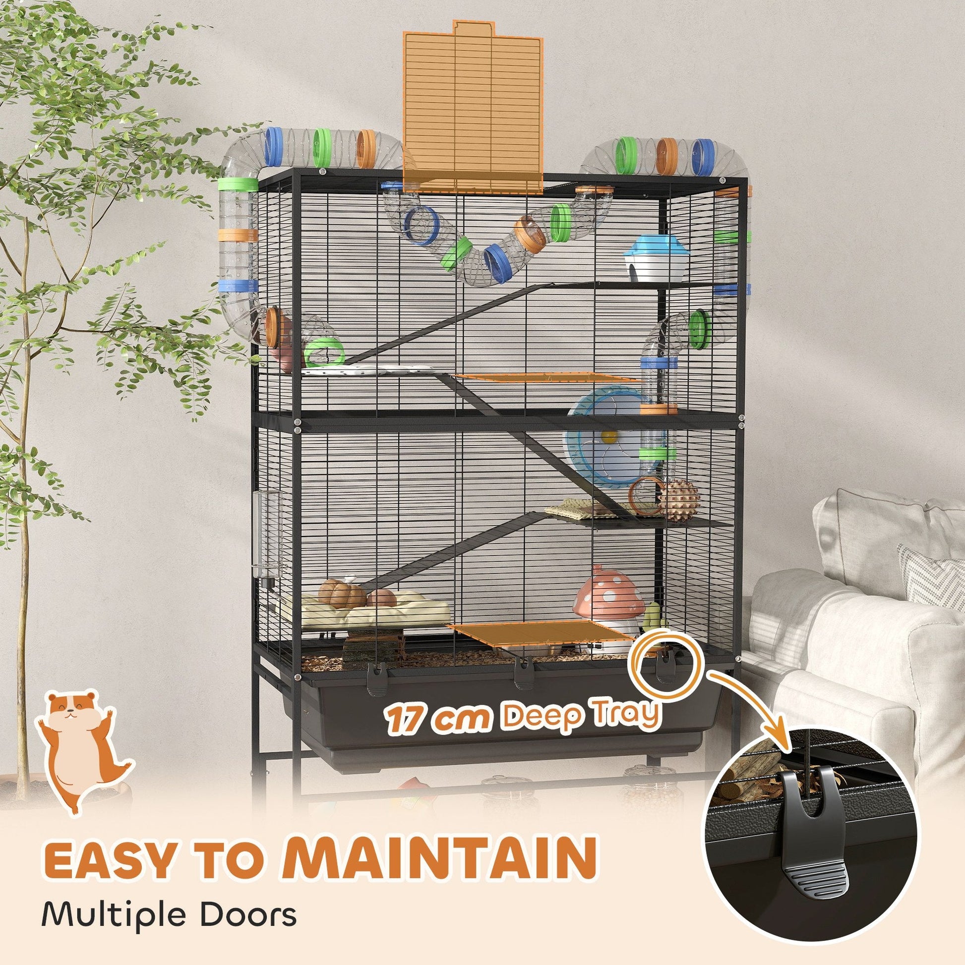 Hamster Cage, 5 Tier Large Gerbil Cage on Wheels with 17 cm Deep Tray, Storage Shelf, Big Exercise Wheel, Tube System, Hut, Platforms, Ramps, Food Dish, Water Bottle, for Syrian Hamsters, Rats