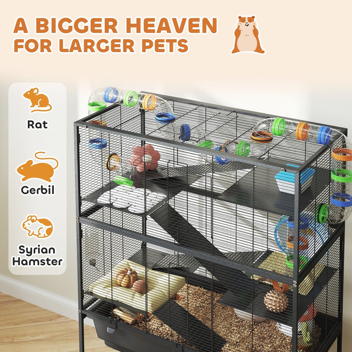 Hamster Cage, 5 Tier Large Gerbil Cage on Wheels with 17 cm Deep Tray, Storage Shelf, Big Exercise Wheel, Tube System, Hut, Platforms, Ramps, Food Dish, Water Bottle, for Syrian Hamsters, Rats
