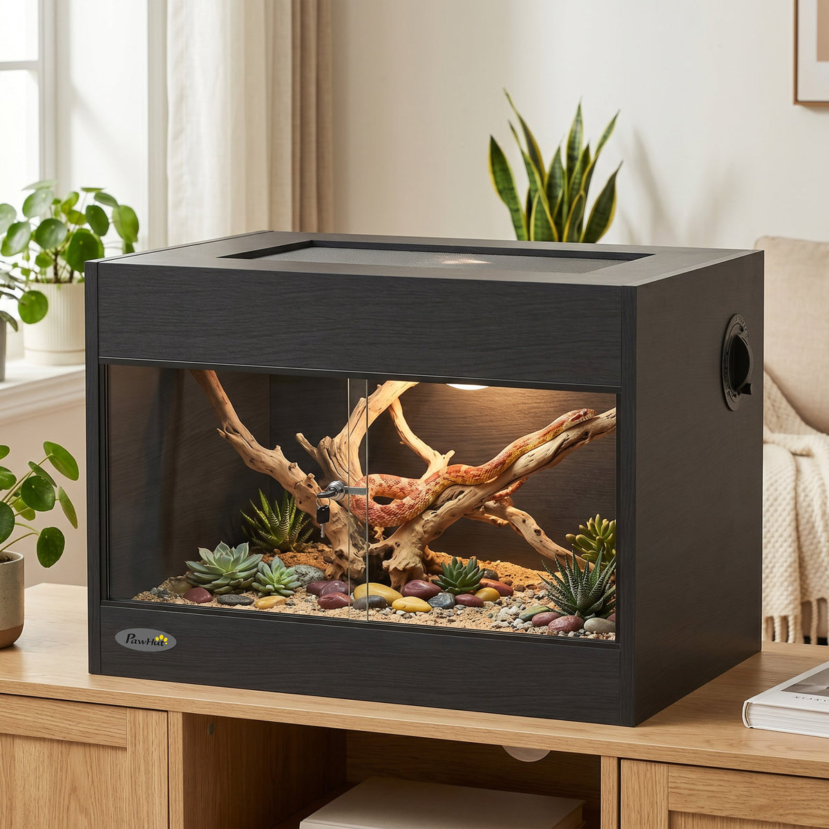 Reptile Terrarium, High-Strength Reptile Vivarium with Sliding Glass Doors, Secure Lock and Top Ventilation, Tarantula Enclosure for Bearded Dragon, Snake and Gecko, 60 x 45 x 45 cm, Black