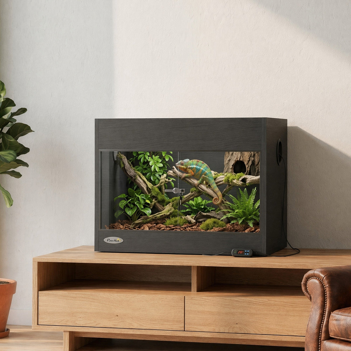 Reptile Terrarium, High-Strength Reptile Vivarium with Sliding Glass Doors, Secure Lock and Top Ventilation, Tarantula Enclosure for Bearded Dragon, Snake and Gecko, 60 x 45 x 45 cm, Black