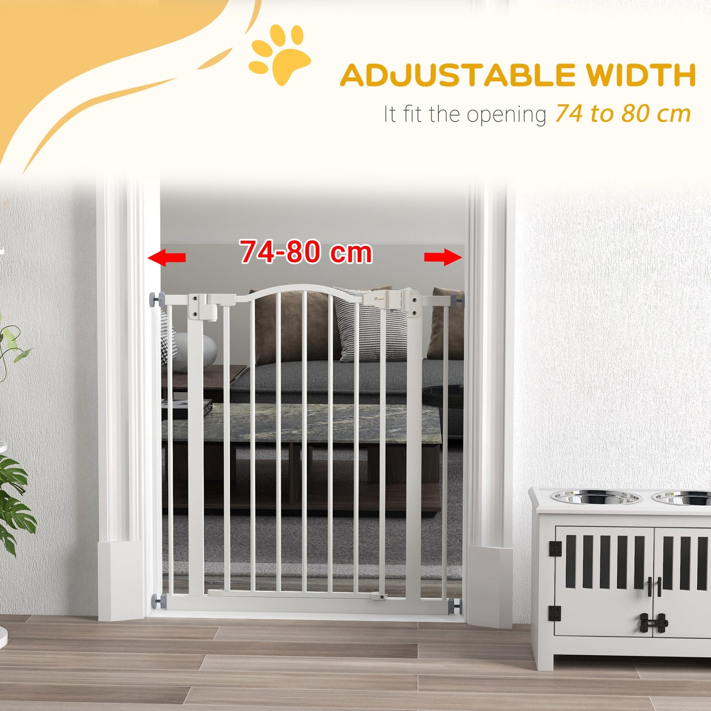 Pressure Fit Dog Stair Gate No Drilling Safety Gate Auto Close for Doorways, Hallways, 74-80cm Adjustable, 78cm Tall, White