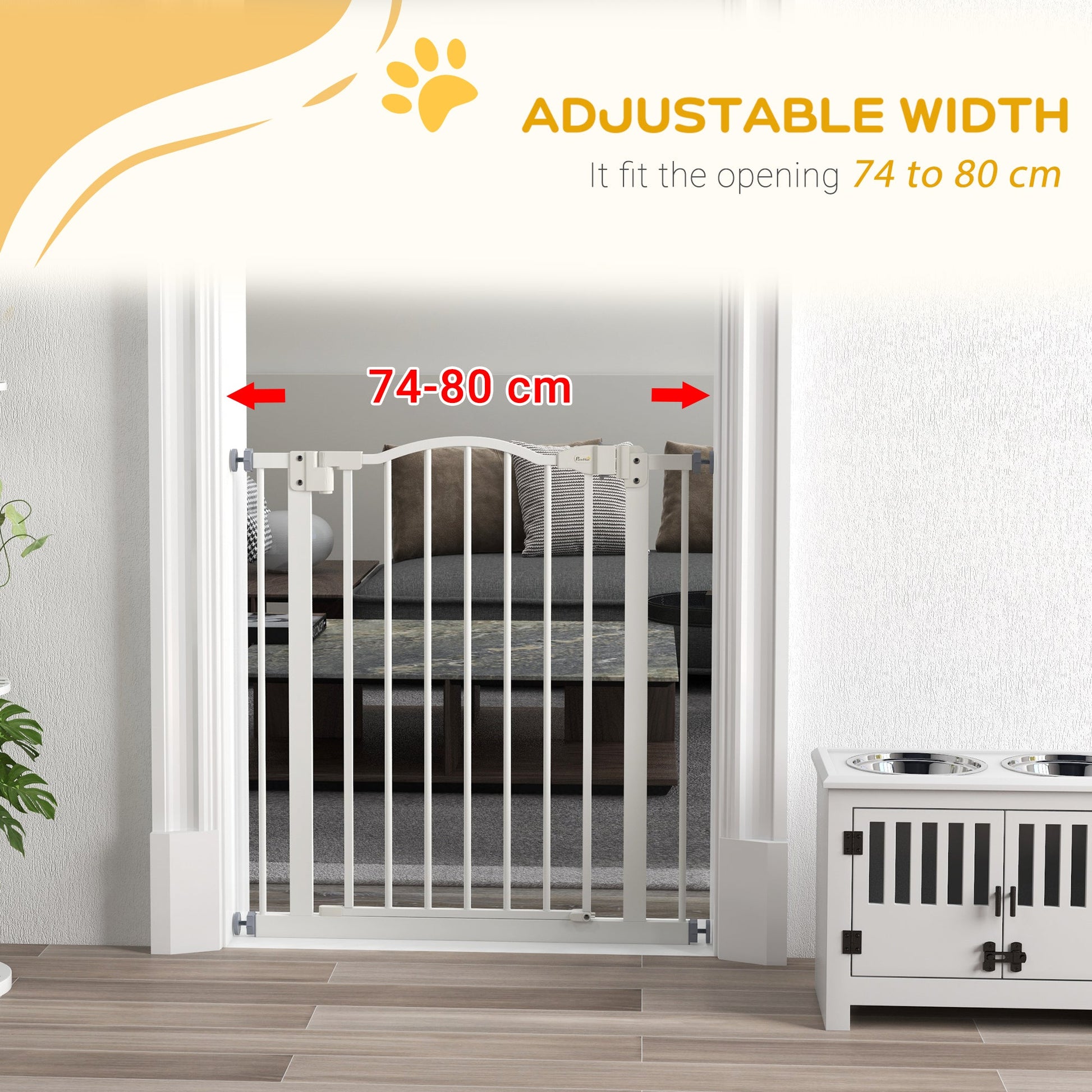 Pressure Fit Dog Stair Gate No Drilling Safety Gate Auto Close for Doorways, Hallways, 74-80cm Adjustable, 78cm Tall, White