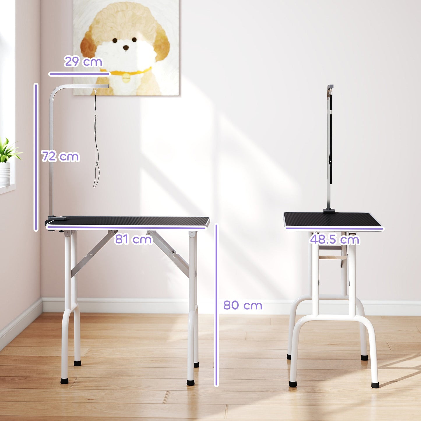 32" Foldable Dog Grooming Table Pet Drying Beauty Table with 20-60cm Adjustable Arm, Rubber Top, Black