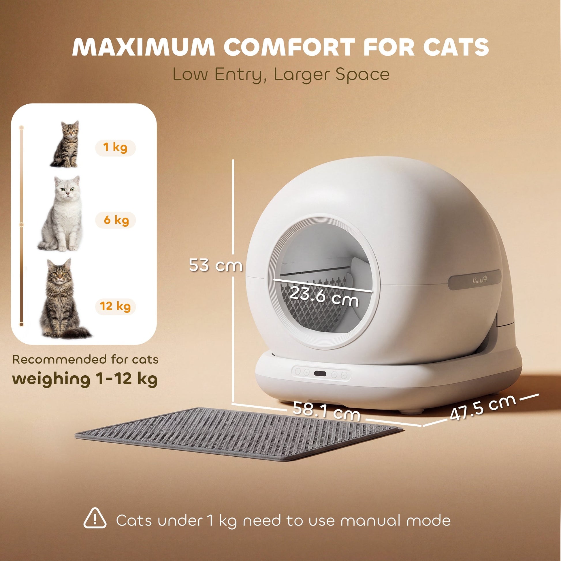 Self Cleaning Cat Litter Tray, App Control, 72L Extra Large Automatic Cat Litter Box for Multiple Cats, Anti-Pinch, Odor & Noise Control, Deodorant Gel, Litter Mat, 1 Roll Rubbish Bag