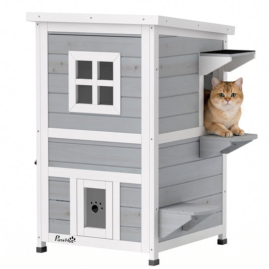 Wooden Cat House 2-Floor Outdoor Kitten Shelter with 3 Doors and Window Grey