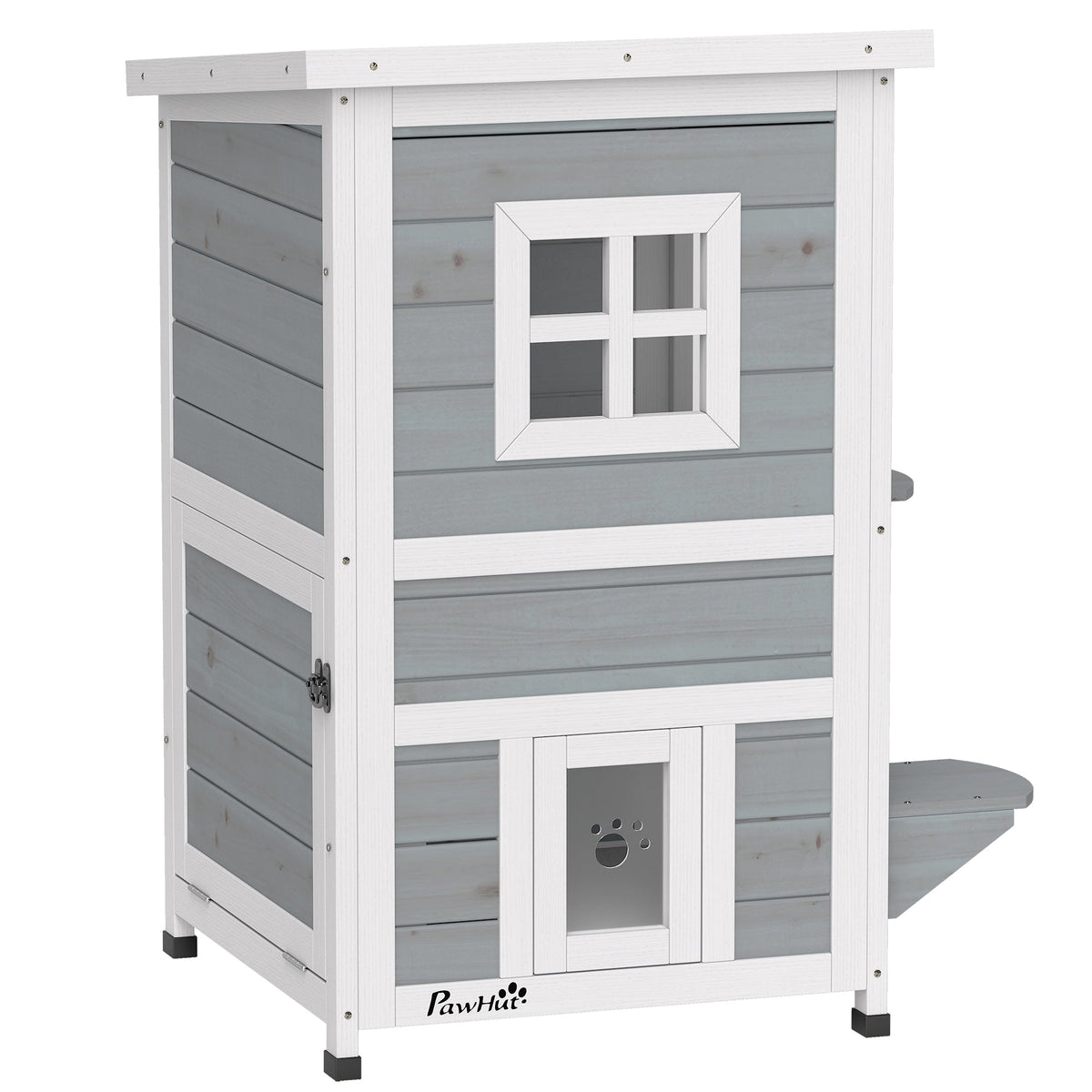 Wooden Cat House 2-Floor Outdoor Kitten Shelter with 3 Doors and Window Grey