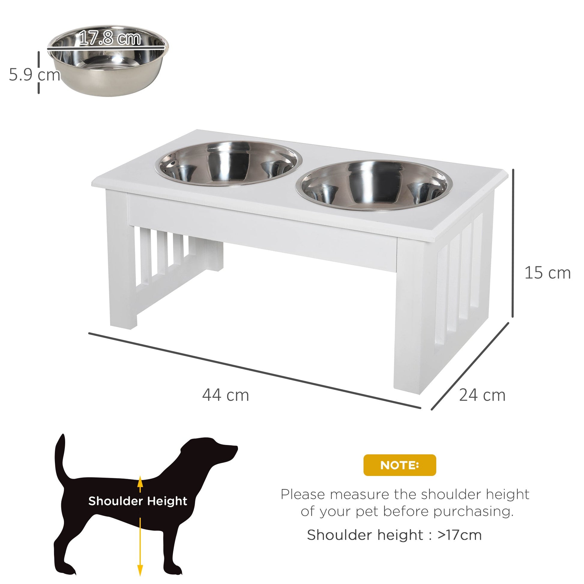 Raised Dog Bowl Feeding Bowls with Stand for Extra Small and Small Dogs Elevated Pet Bowls Water Food Feeder 44L x 24W x 15H cm - White