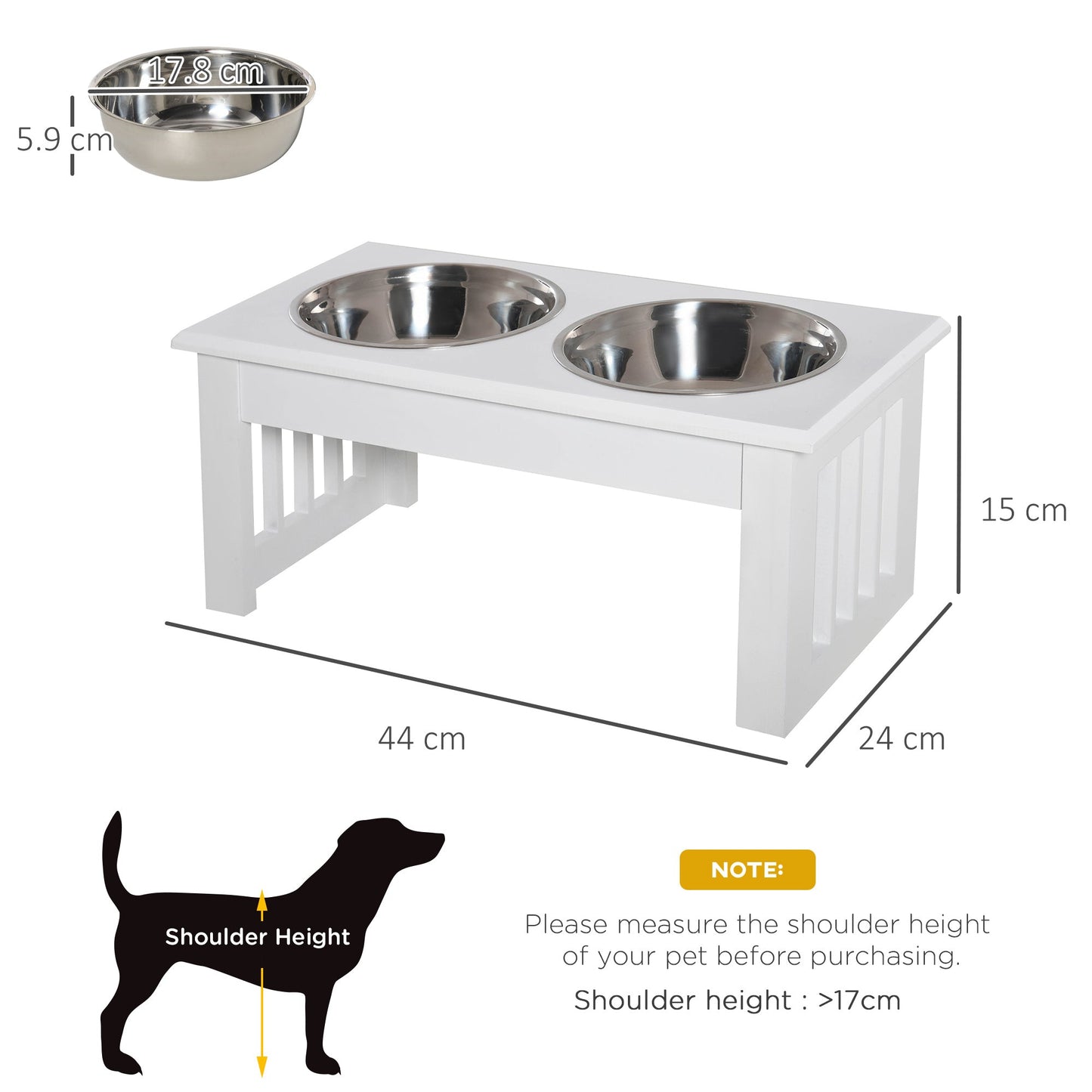 Raised Dog Bowl Feeding Bowls with Stand for Extra Small and Small Dogs Elevated Pet Bowls Water Food Feeder 44L x 24W x 15H cm - White