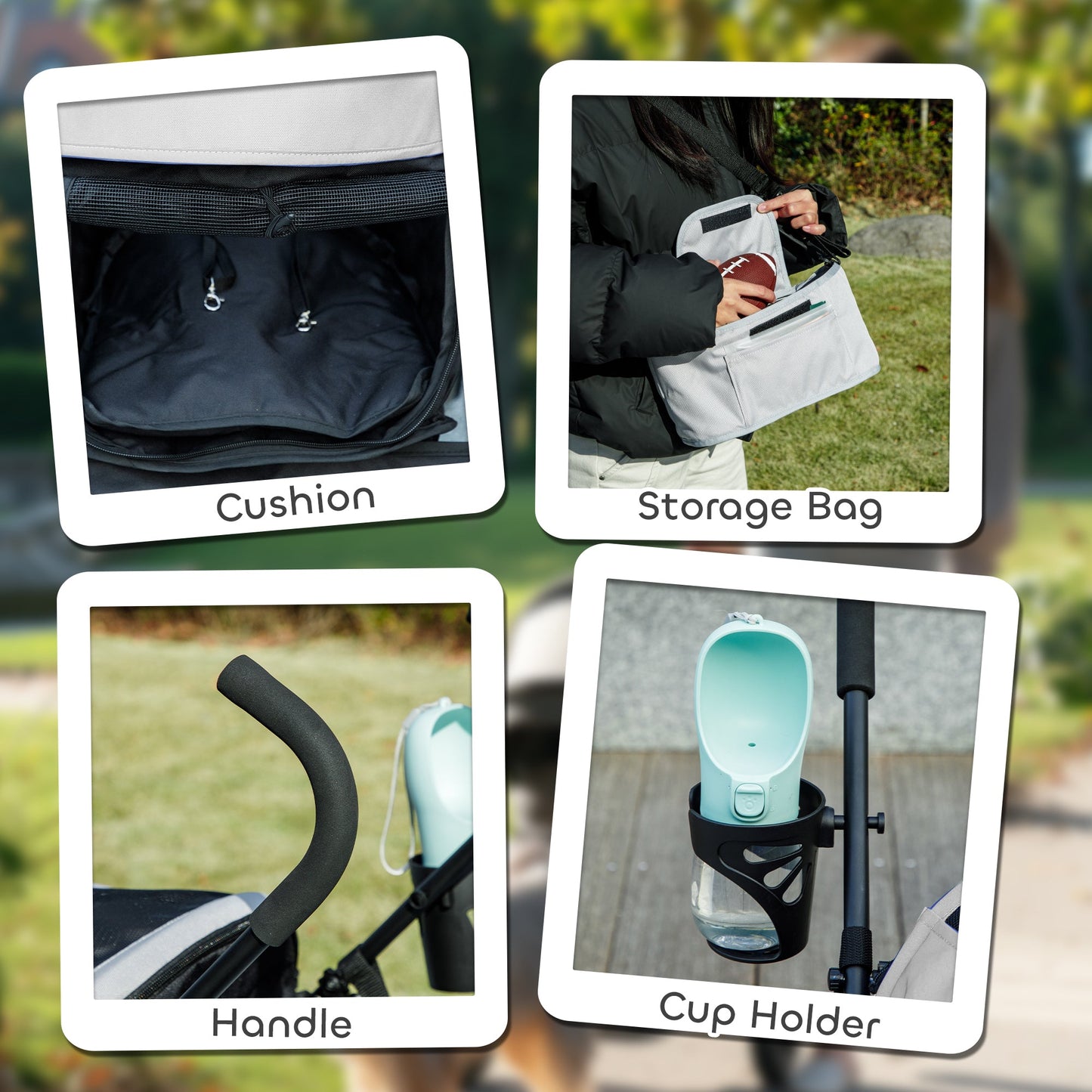 Pet stroller for Miniature Dogs, Foldable Dog Stroller with Shoulder Strap, 4 Wheels Pet Pram with Storage Bag, Cup Holder, Light Grey