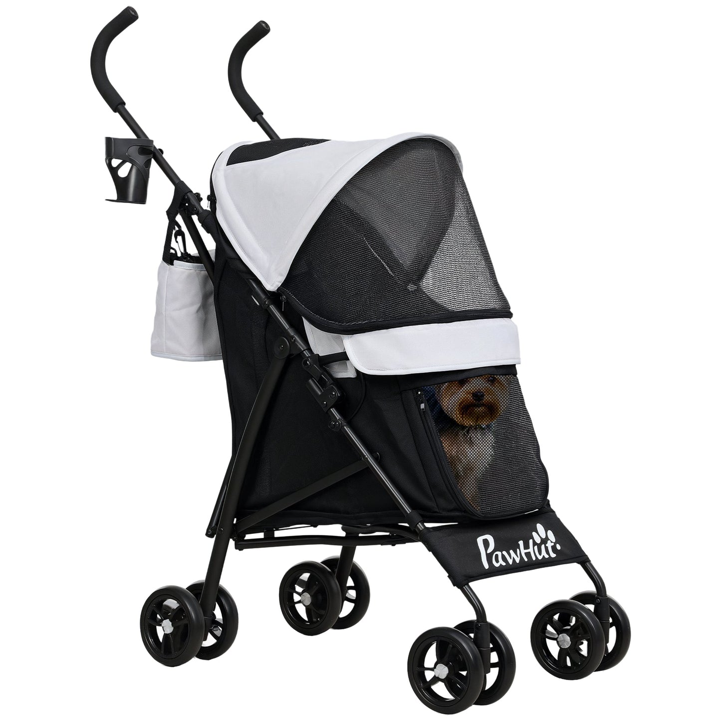 Pet stroller for Miniature Dogs, Foldable Dog Stroller with Shoulder Strap, 4 Wheels Pet Pram with Storage Bag, Cup Holder, Light Grey
