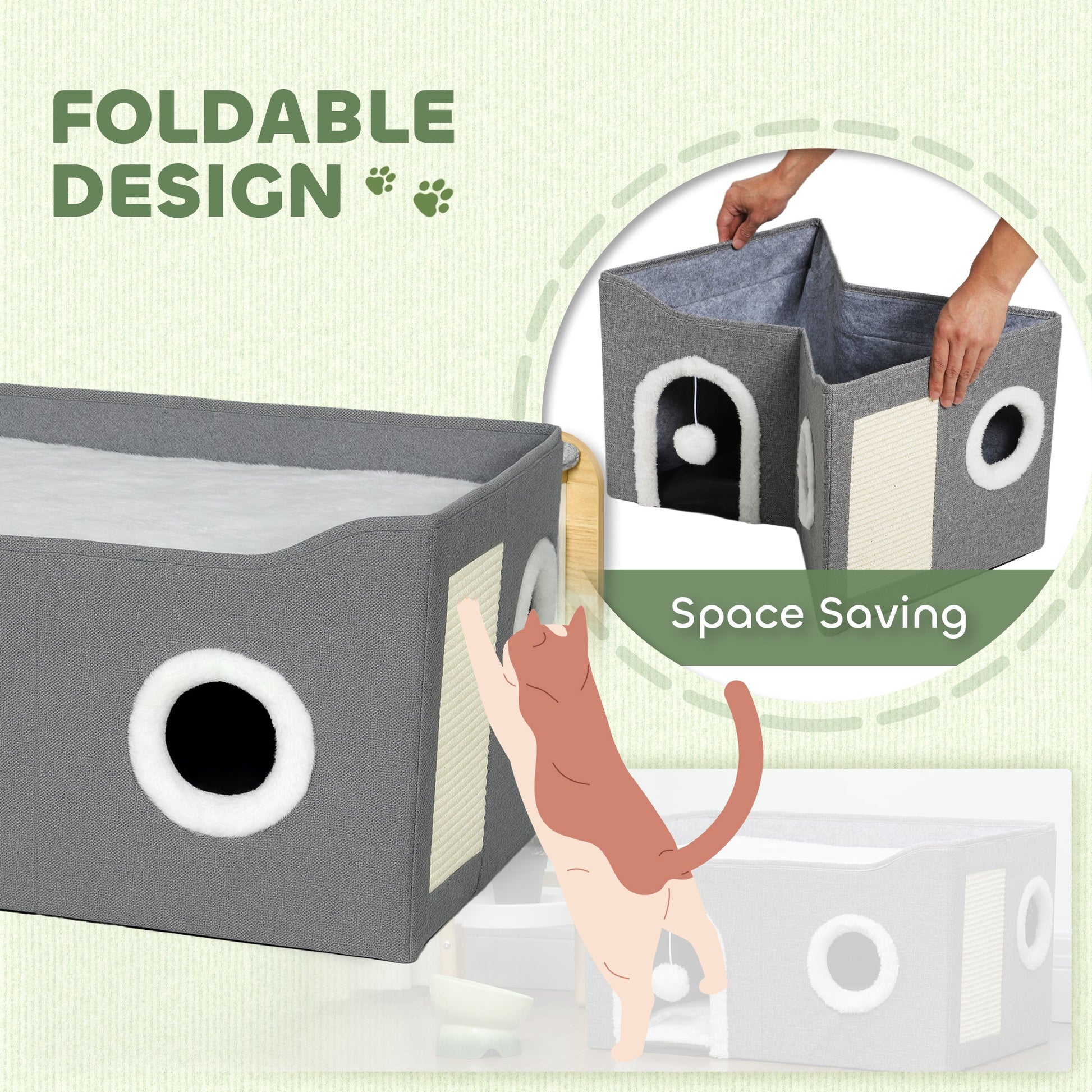 Cat House, Cat Bed for Indoor Pets, Foldable Kitten Cave with Fluffy Ball, Scratch Pad, Kitty Hideaway with Soft Cushions for Small, Medium Cats, Grey