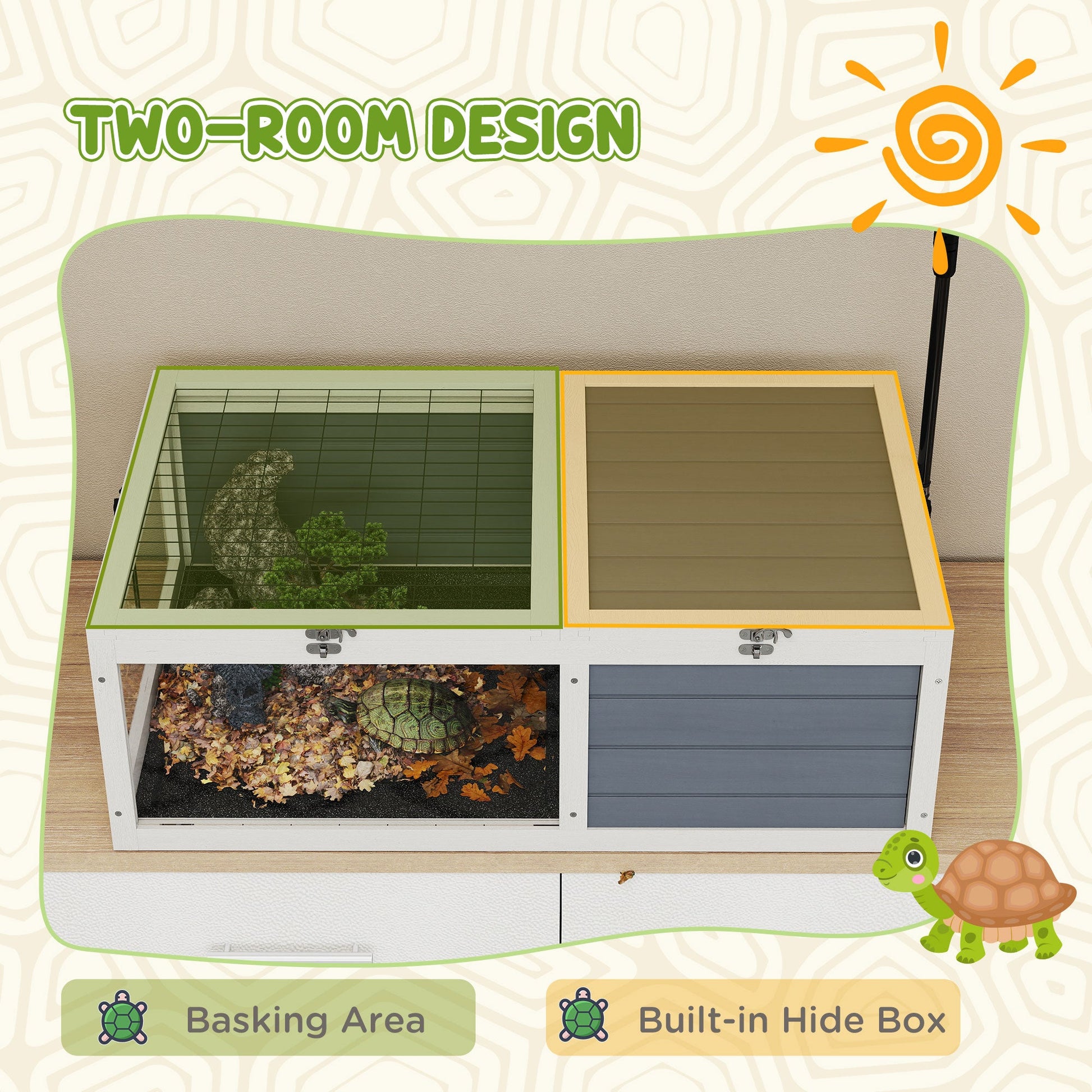 Tortoise House, Wooden Tortoise Table, Tortoise Enclosure with Adjustable Lamp Holder, Openable Lids, Pull-Out Trays - Grey
