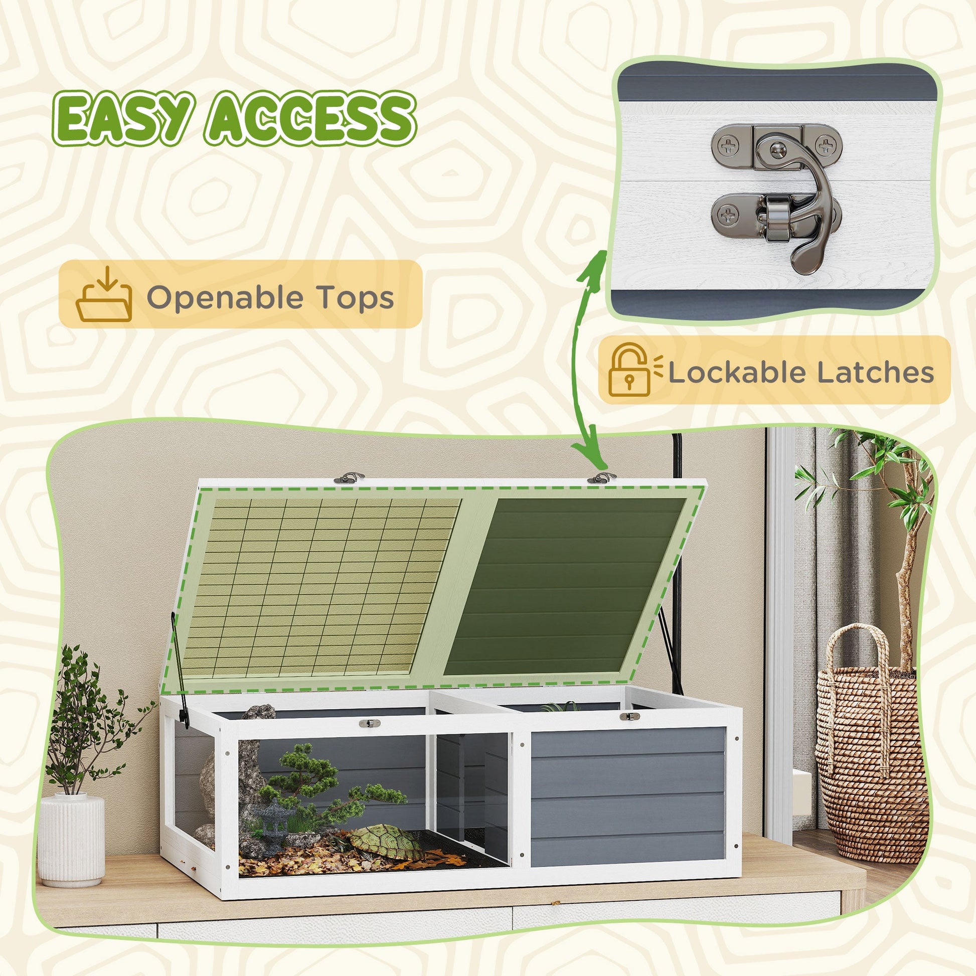 Tortoise House, Wooden Tortoise Table, Tortoise Enclosure with Adjustable Lamp Holder, Openable Lids, Pull-Out Trays - Grey