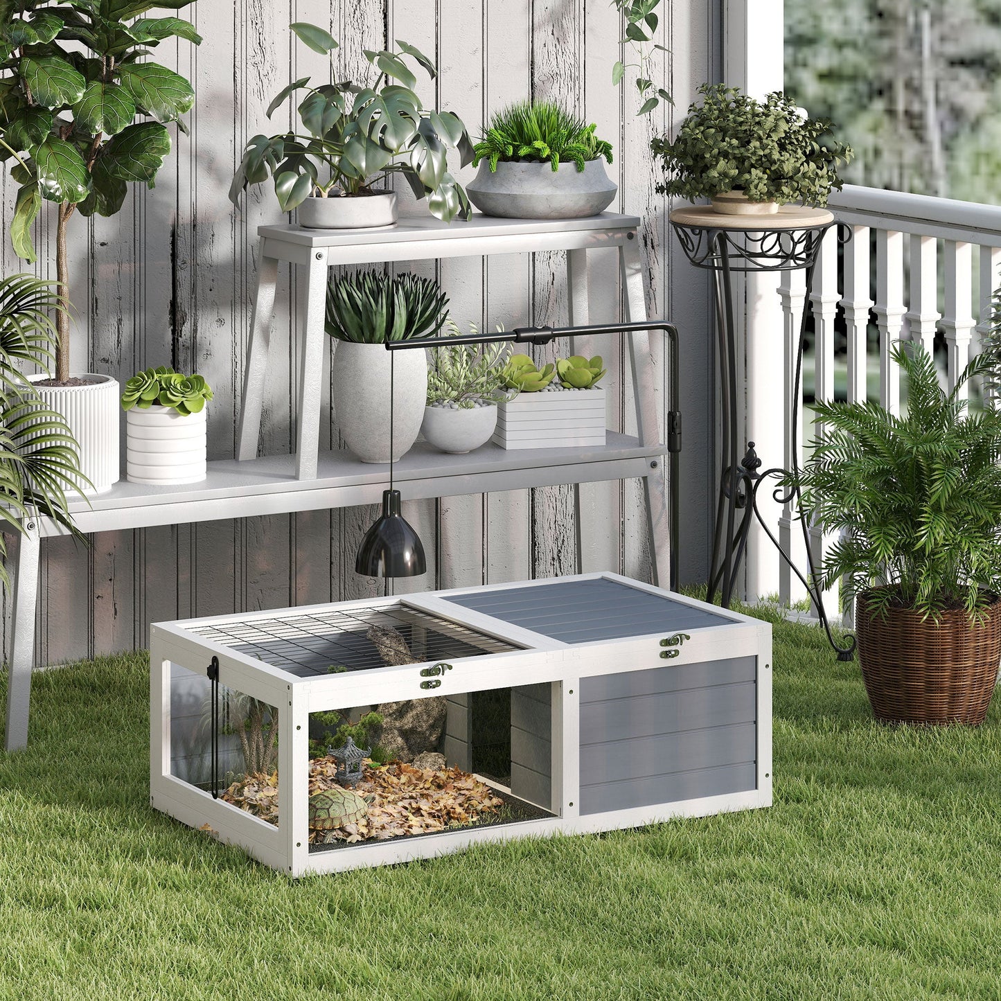 Tortoise House, Wooden Tortoise Table, Tortoise Enclosure with Adjustable Lamp Holder, Openable Lids, Pull-Out Trays - Grey
