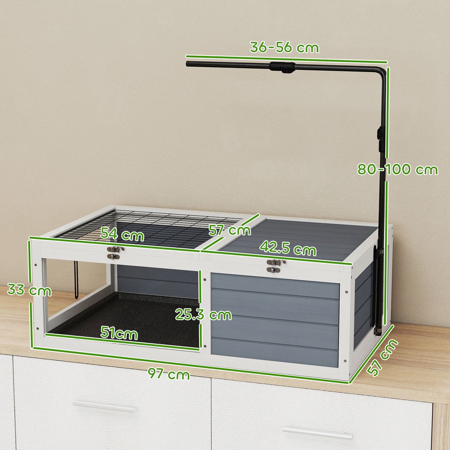 Tortoise House, Wooden Tortoise Table, Tortoise Enclosure with Adjustable Lamp Holder, Openable Lids, Pull-Out Trays - Grey
