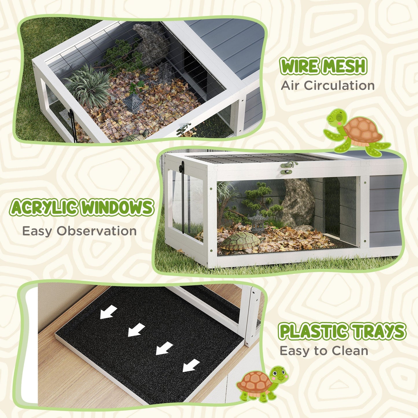 Tortoise House, Wooden Tortoise Table, Tortoise Enclosure with Adjustable Lamp Holder, Openable Lids, Pull-Out Trays - Grey