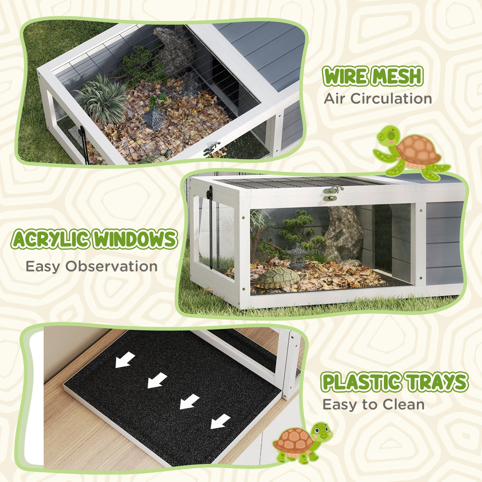 Tortoise House, Wooden Tortoise Table, Tortoise Enclosure with Adjustable Lamp Holder, Openable Lids, Pull-Out Trays - Grey
