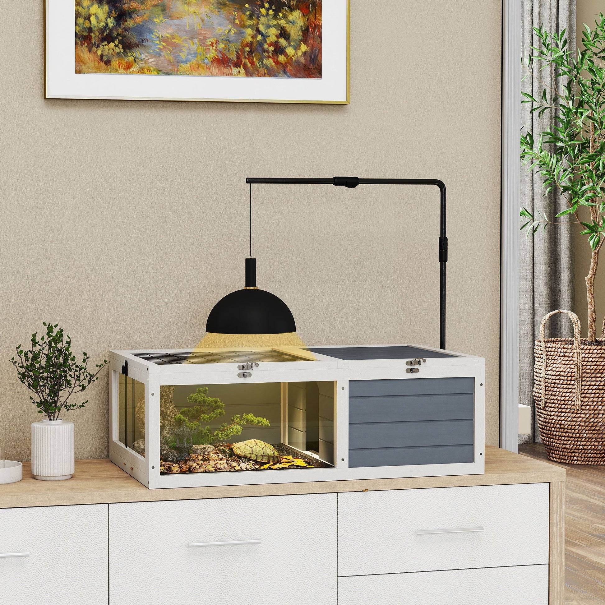 Tortoise House, Wooden Tortoise Table, Tortoise Enclosure with Adjustable Lamp Holder, Openable Lids, Pull-Out Trays - Grey