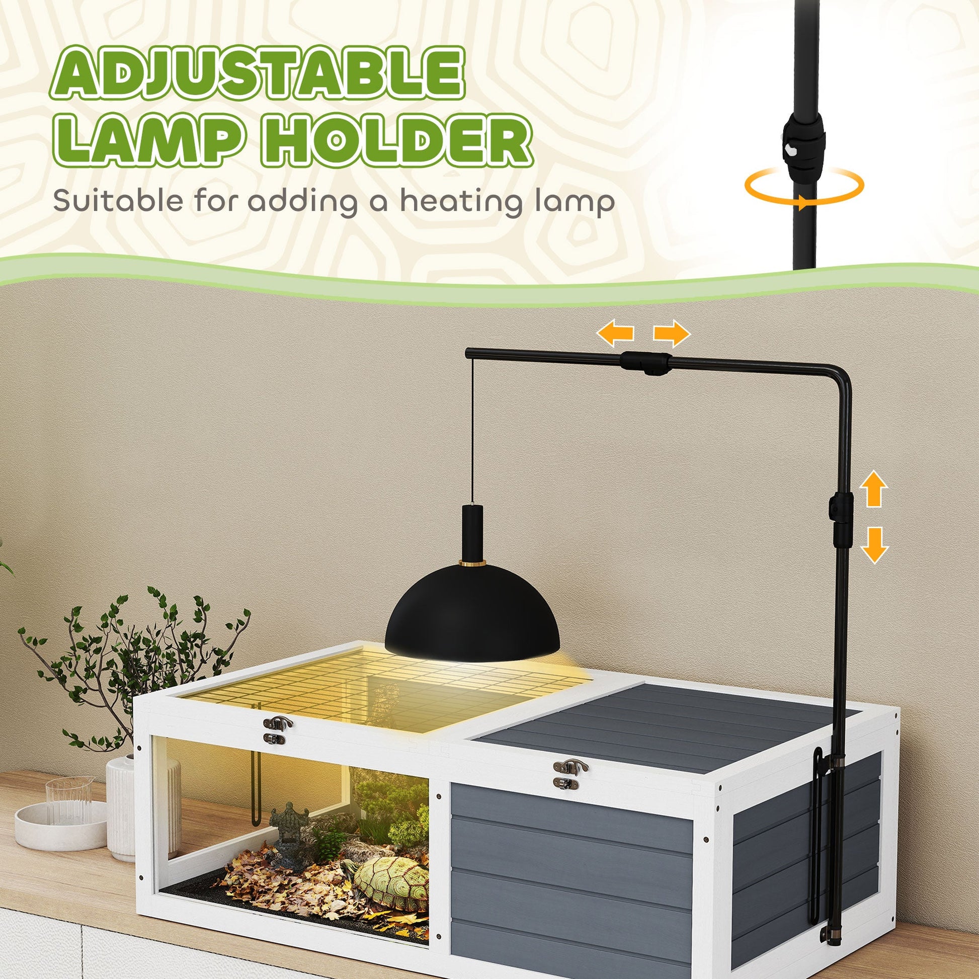 Tortoise House, Wooden Tortoise Table, Tortoise Enclosure with Adjustable Lamp Holder, Openable Lids, Pull-Out Trays - Grey