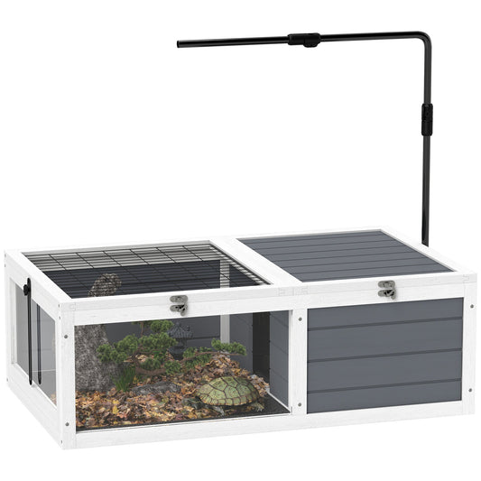 Tortoise House, Wooden Tortoise Table, Tortoise Enclosure with Adjustable Lamp Holder, Openable Lids, Pull-Out Trays - Grey
