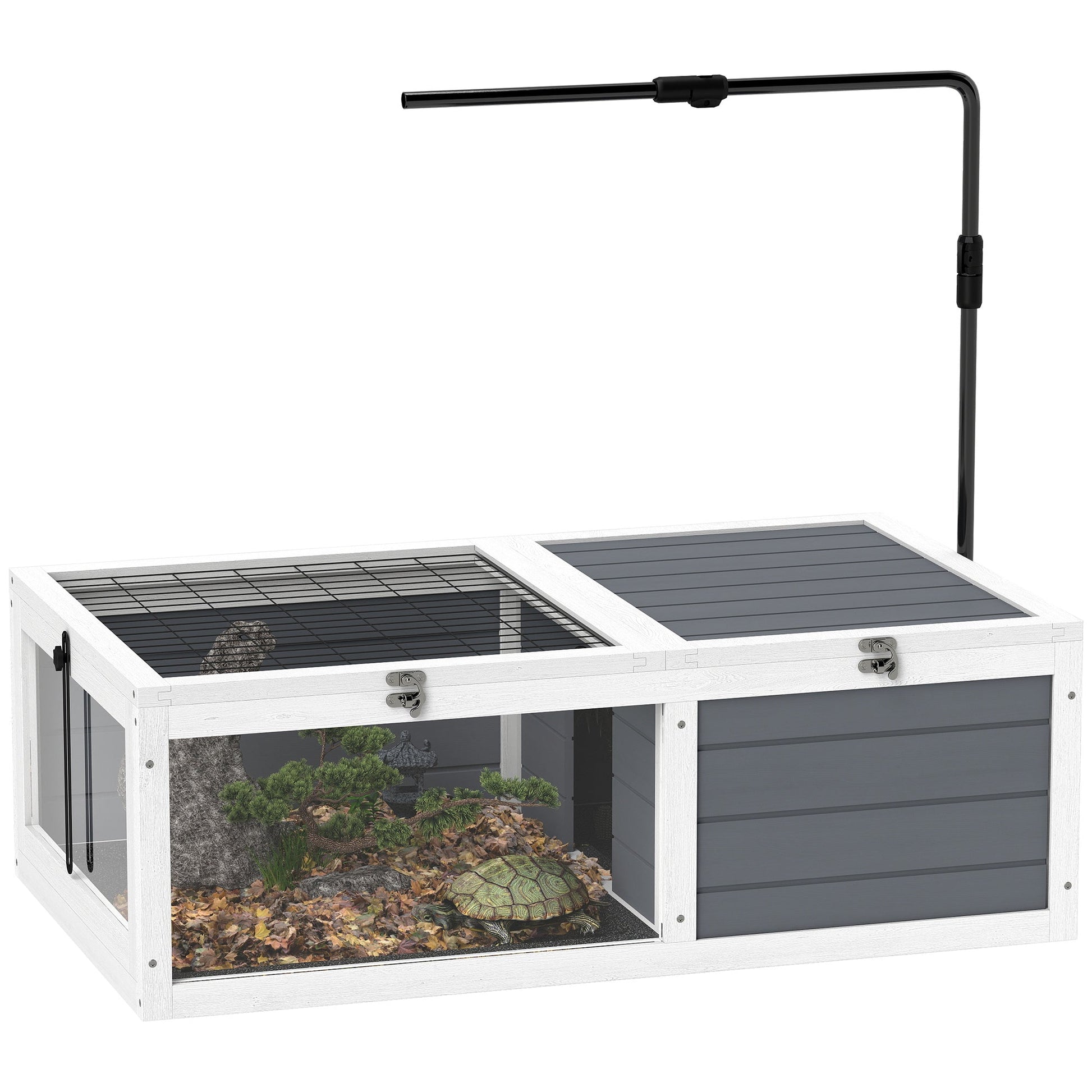 Tortoise House, Wooden Tortoise Table, Tortoise Enclosure with Adjustable Lamp Holder, Openable Lids, Pull-Out Trays - Grey